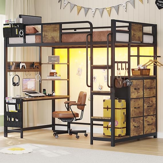Twin Size Loft Bed with Desk and 6 Storage Drawers, Metal Loft Bed