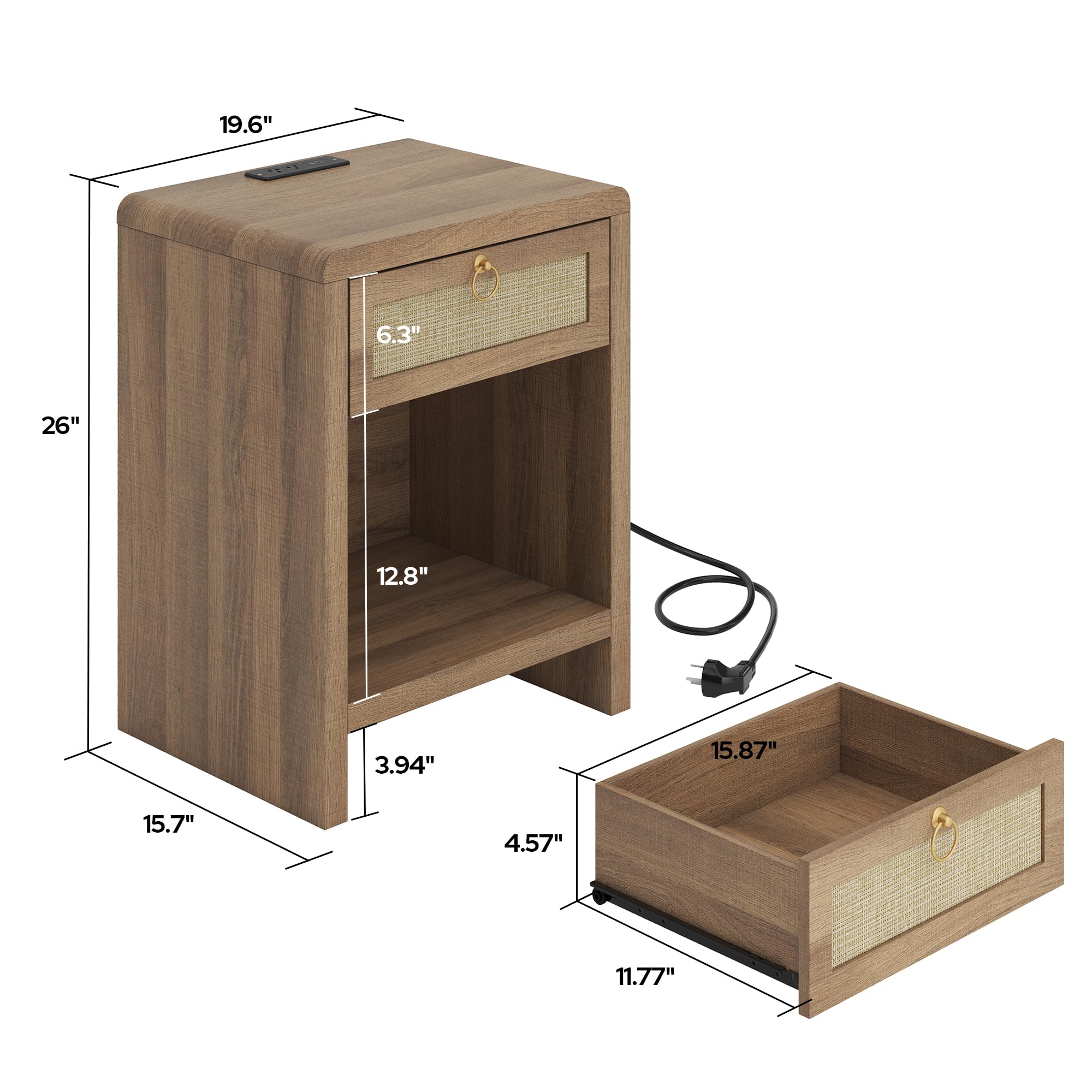 Rattan Nightstand Set with Charging Station