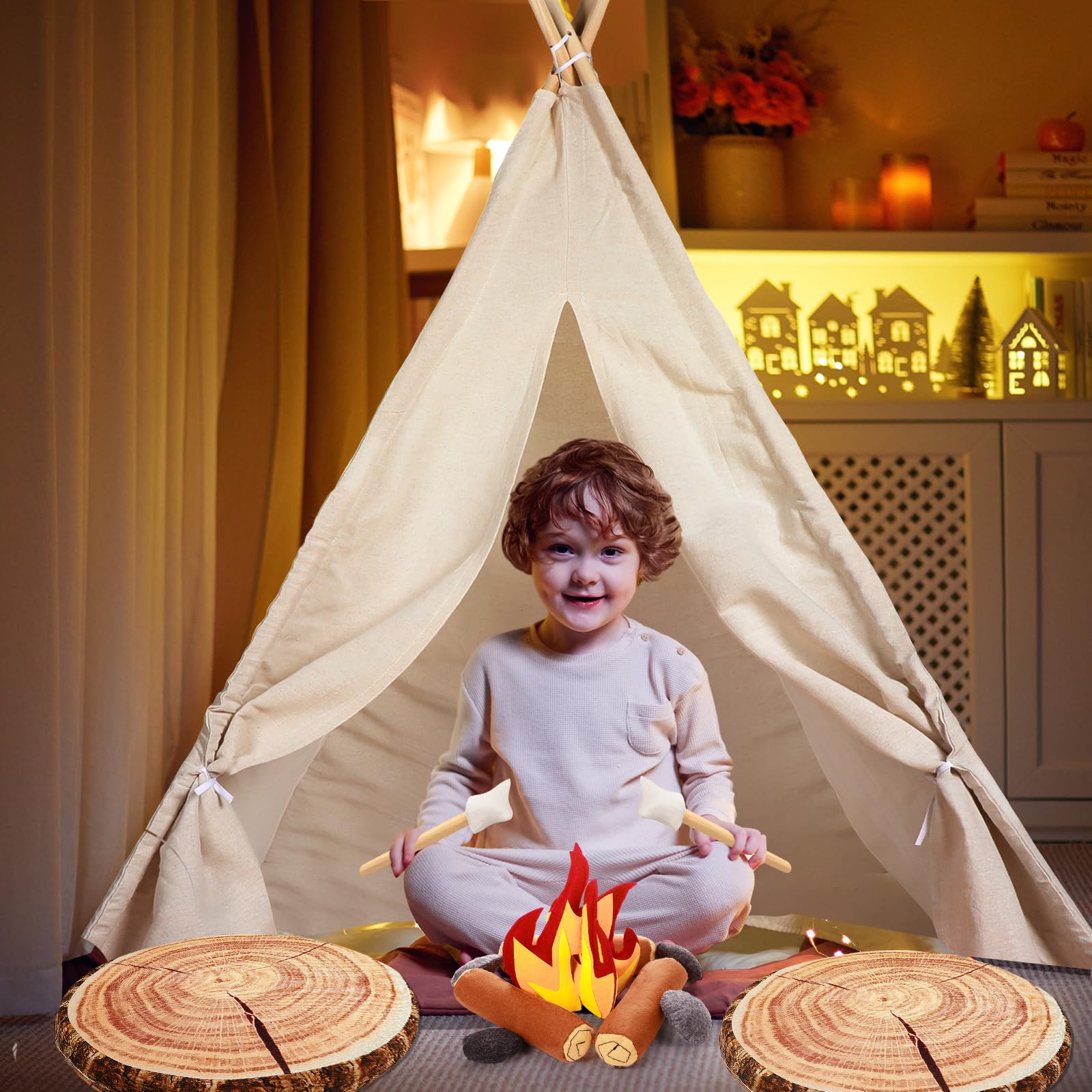 Kigley 26 Pcs Pretend Camping Play Set Includes Kids Teepee Tent Beige Indoor Play Tent Felt Campfire Toys Wood Print Throw Pillow Floor Cushion for Boys Girls Adults Dramatic Play Home Decorations