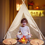Kigley 26 Pcs Pretend Camping Play Set Includes Kids Teepee Tent Beige Indoor Play Tent Felt Campfire Toys Wood Print Throw Pillow Floor Cushion for Boys Girls Adults Dramatic Play Home Decorations
