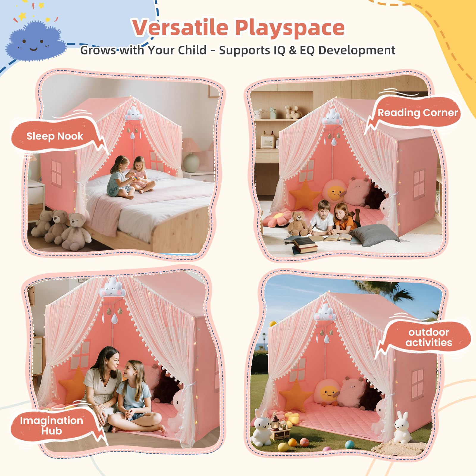Large Kids Play Tent with Padded Mat and Star Lights