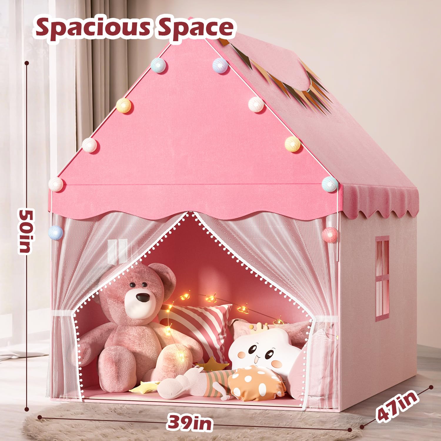 Kids Play Tent with Star Lights and Padded Mat - Light Pink