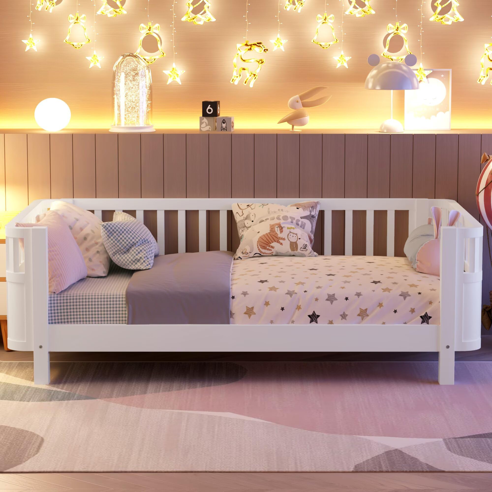 Twin Wooden Floor Bed Frame with Safety Rails