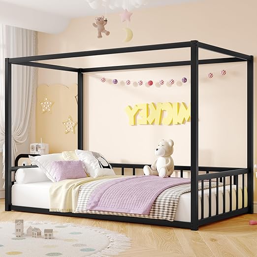 Full Floor Bed with Door, Fence and Roof, Heavy Duty Metal Montessori Bed Full Size