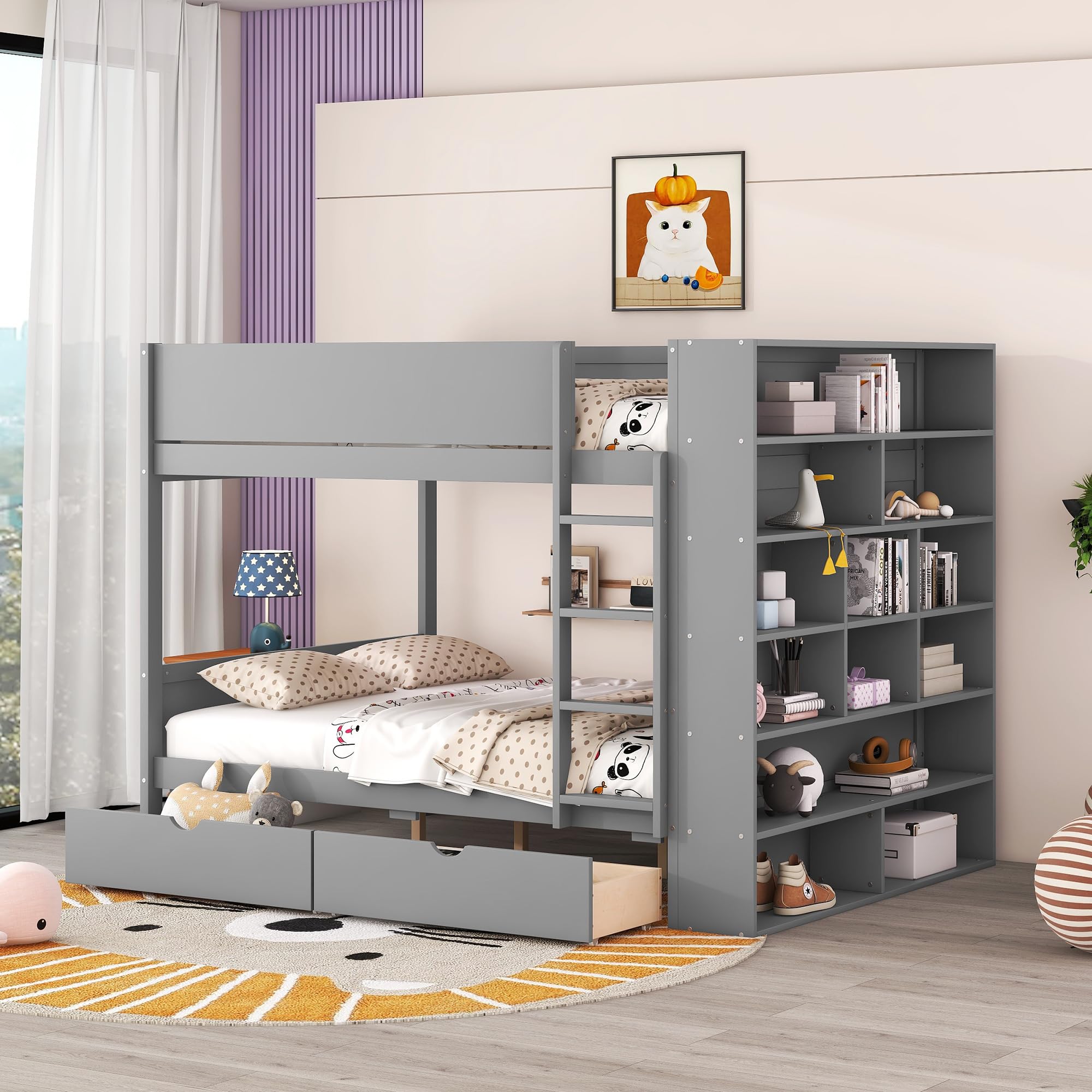 Full Over Full Bunk Bed with 2 Drawers and Multi-Layer Cabinet, Gray