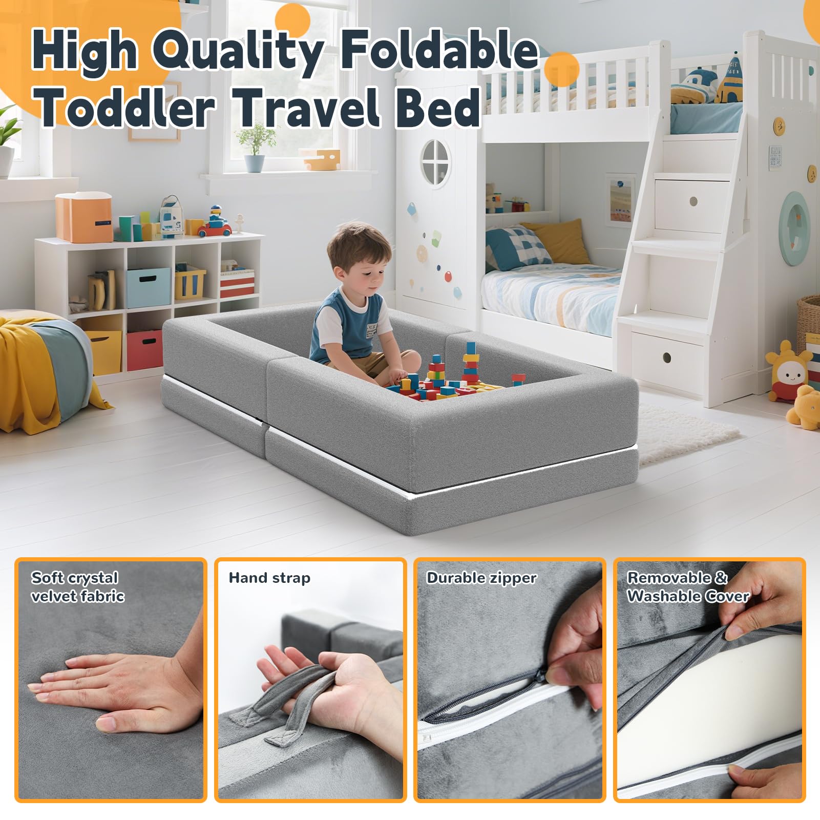 Portable Toddler Travel Bed - 3-in-1 Foldable Floor Bed with Washable Cover
