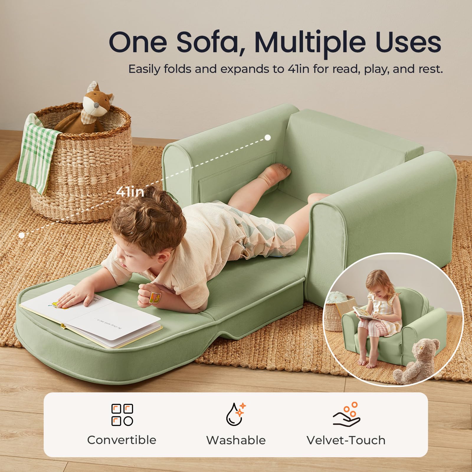 Foldable Kids Sofa Couch with Storage Pockets