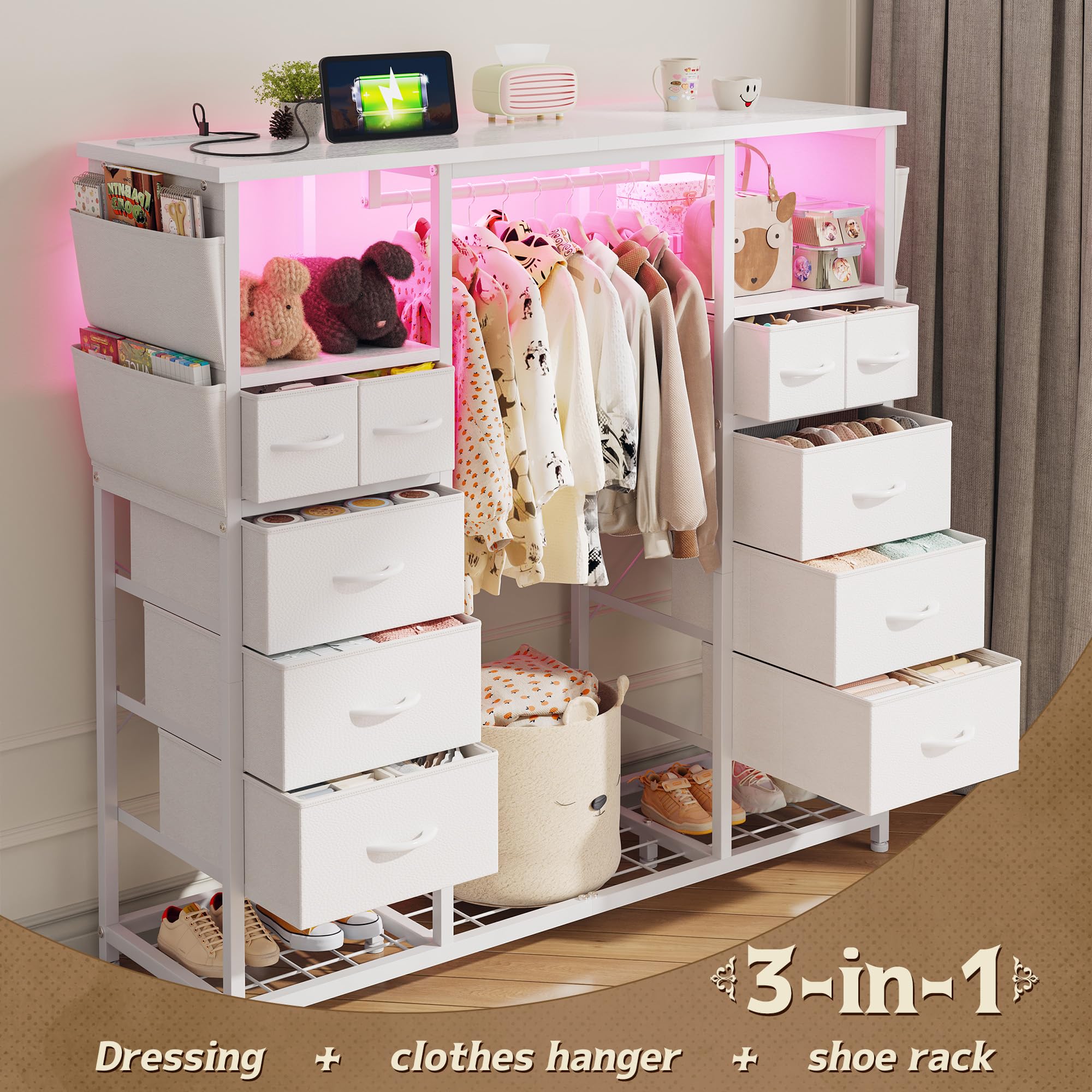 Tall Dresser with LED Lights and Charging Station