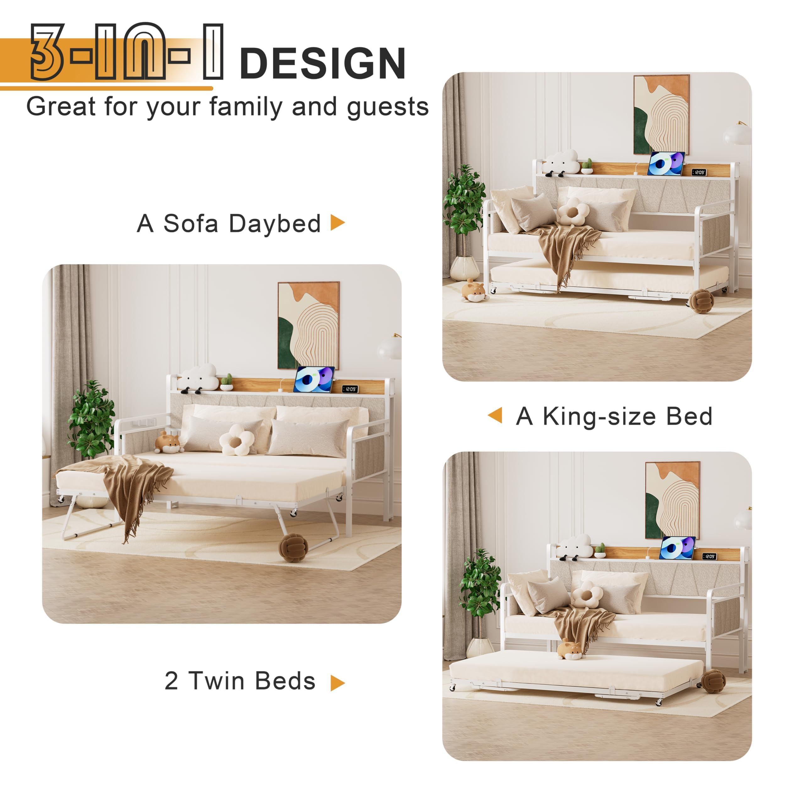 Twin Daybed with Trundle and Upholstered Headboard