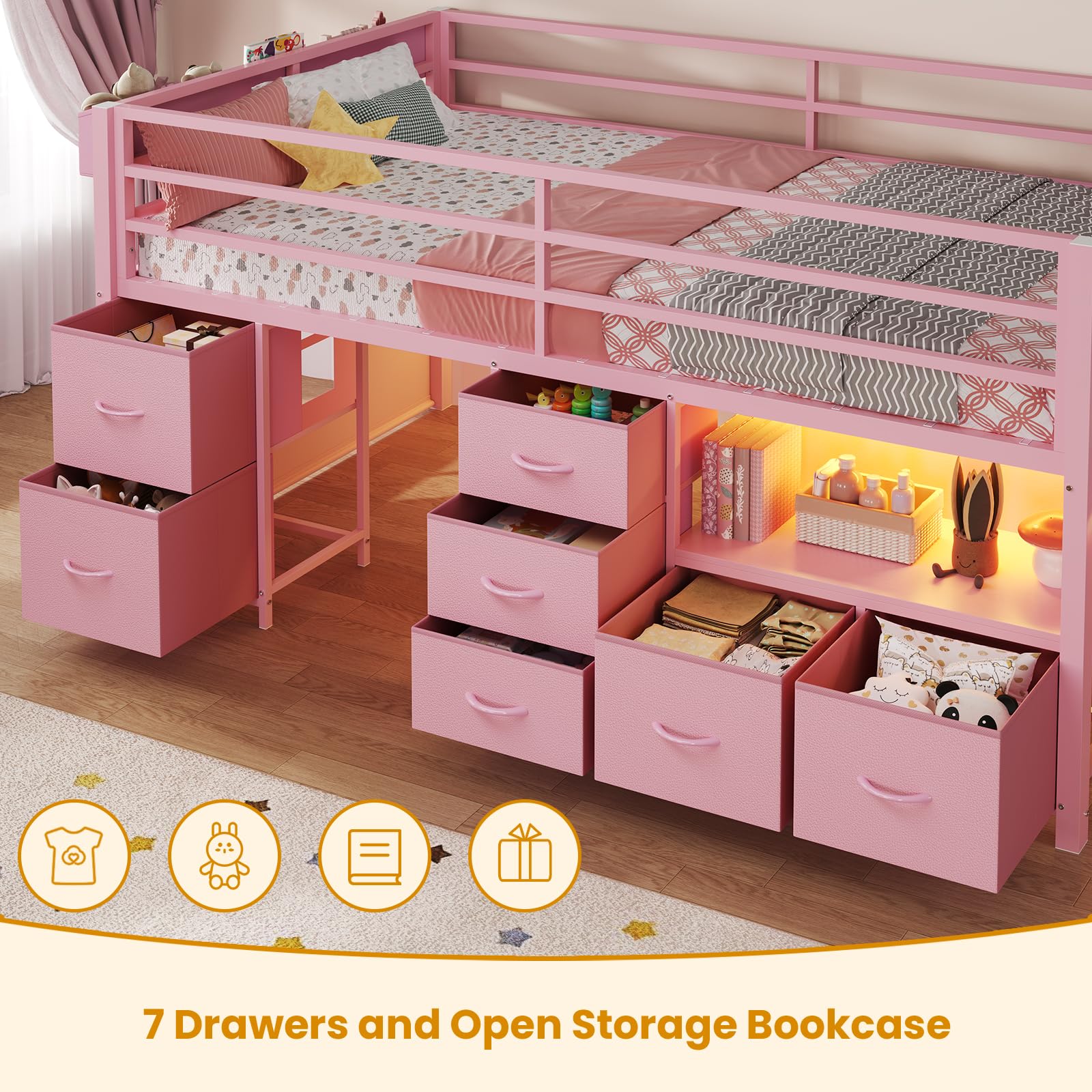 Twin Low Loft Bed with Storage Drawers and LED Lights