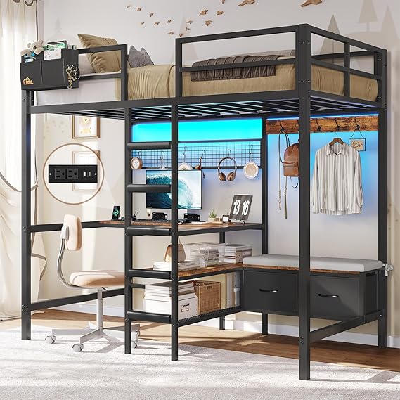 Twin Loft Bed with L-Shaped Desk, Storage Shelves and Charging Station