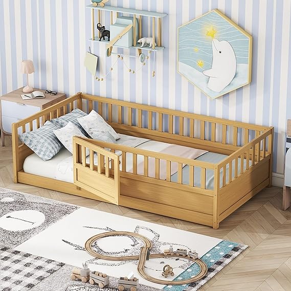 Twin Size Floor Bed with High Fence and Door
