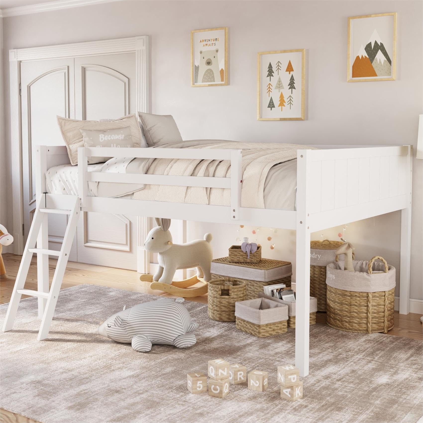 Full Size Low Loft Bed with Ladder and Guardrails