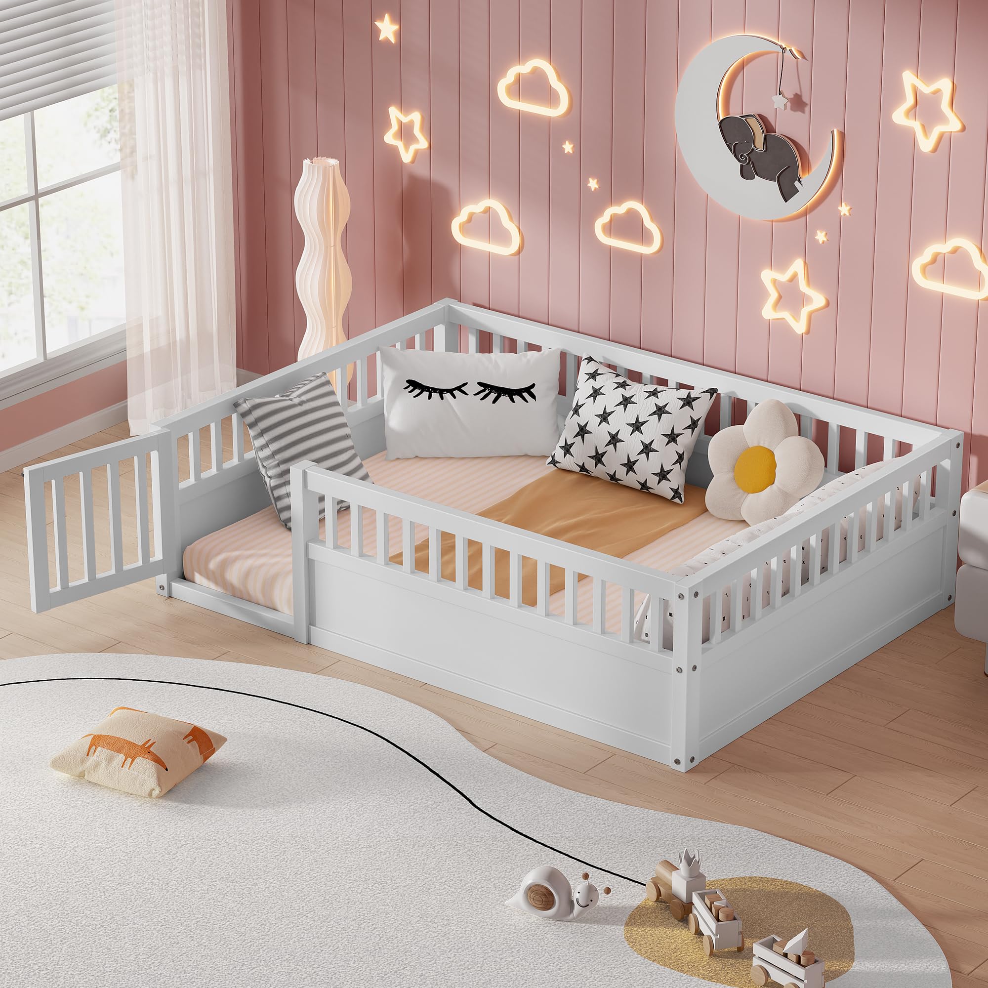 Full Size Floor Bed Frame with Fence and Door
