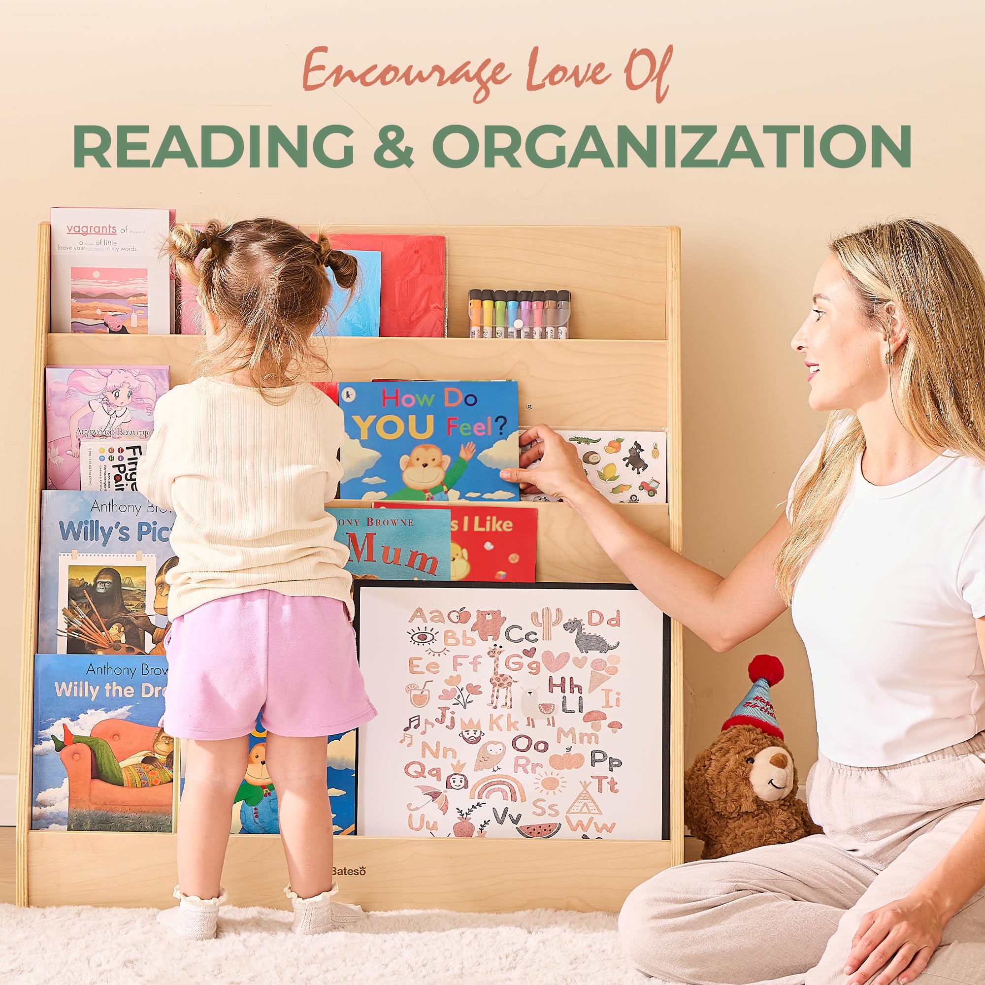 Wooden Montessori Bookshelf for Kids with Storage