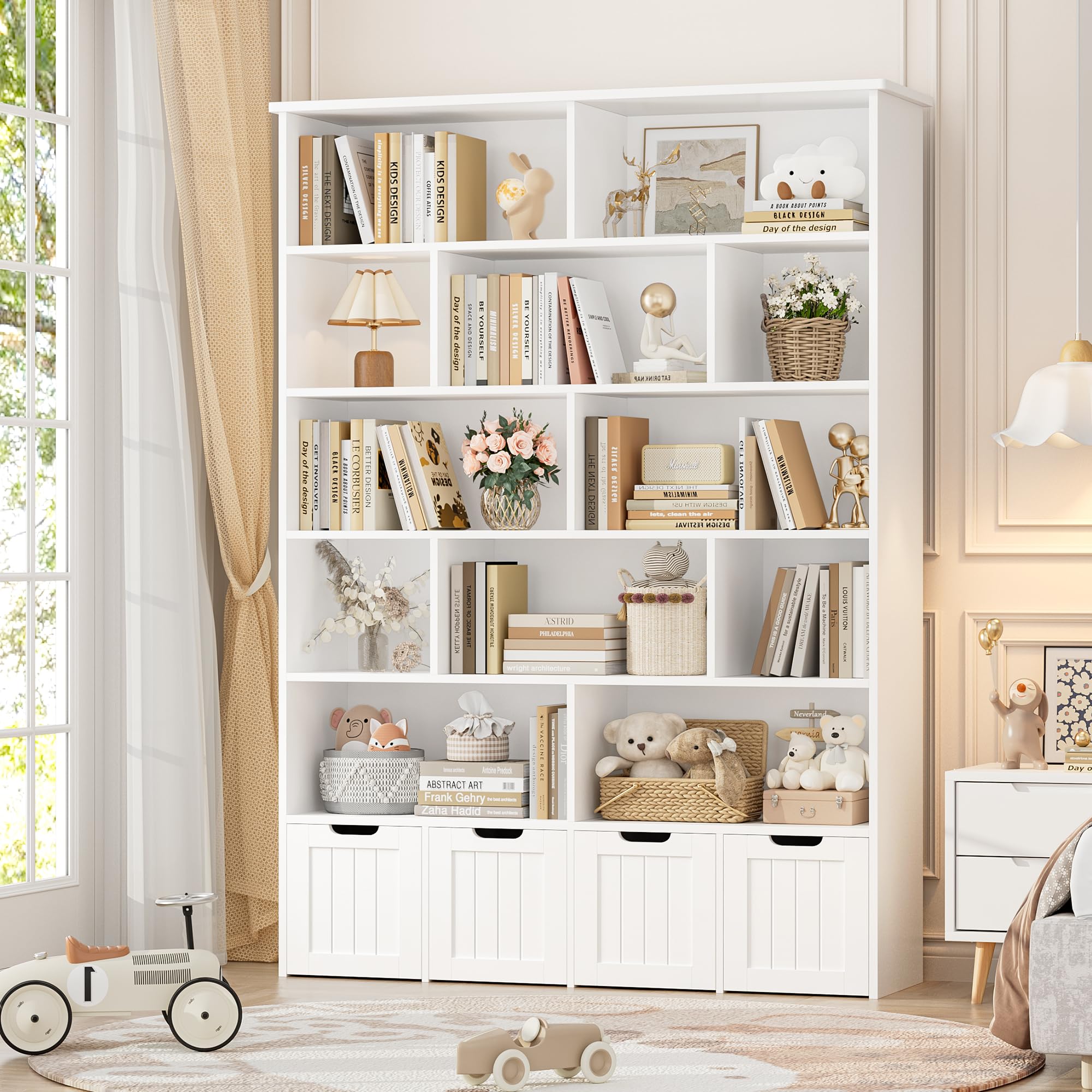 69" H Toy Storage Organizer, 6 Tier Tall Kids Bookshelf with 4 Movable Drawers