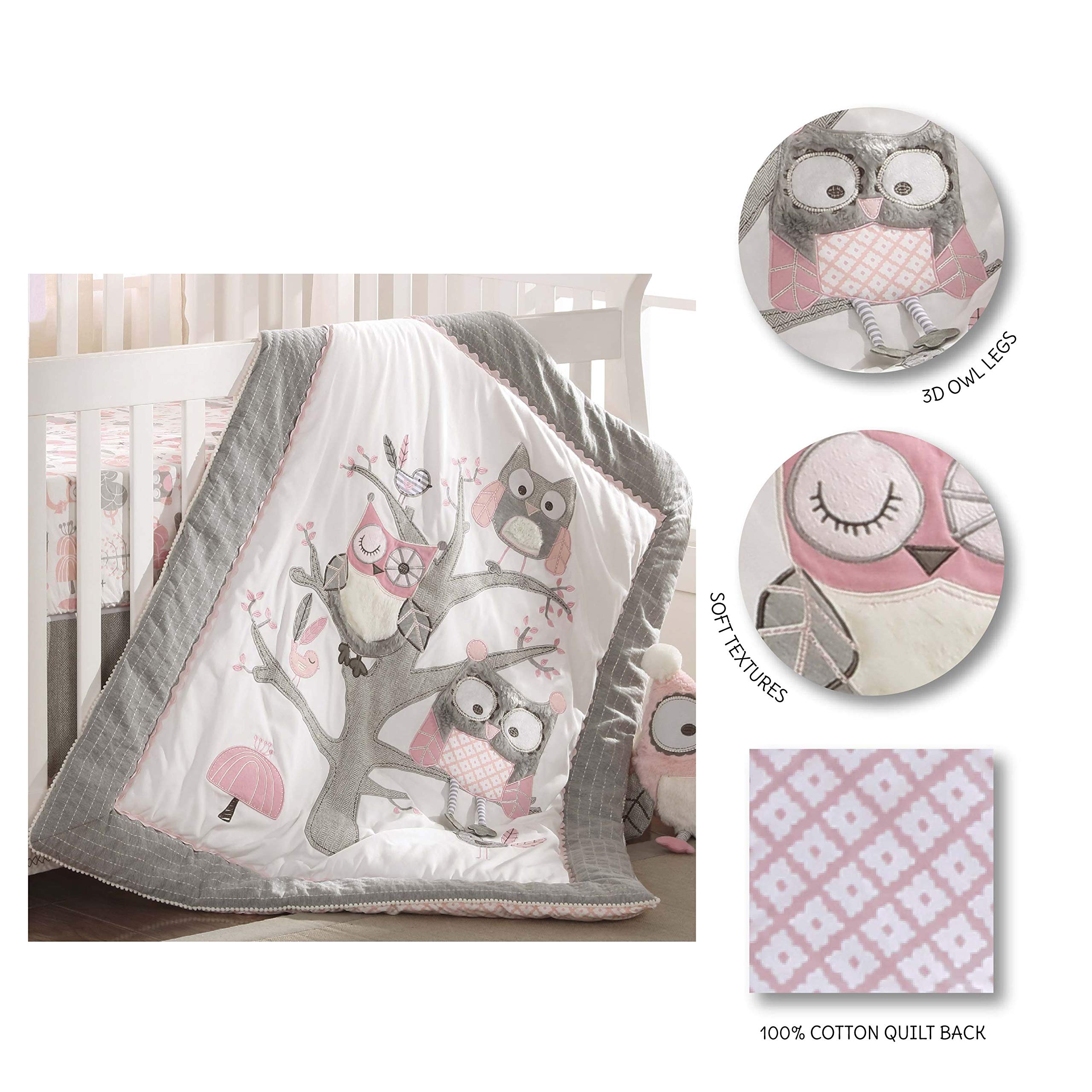 Night Owl Pink Crib Bed Set - Baby Nursery Set - Pink, Grey, White