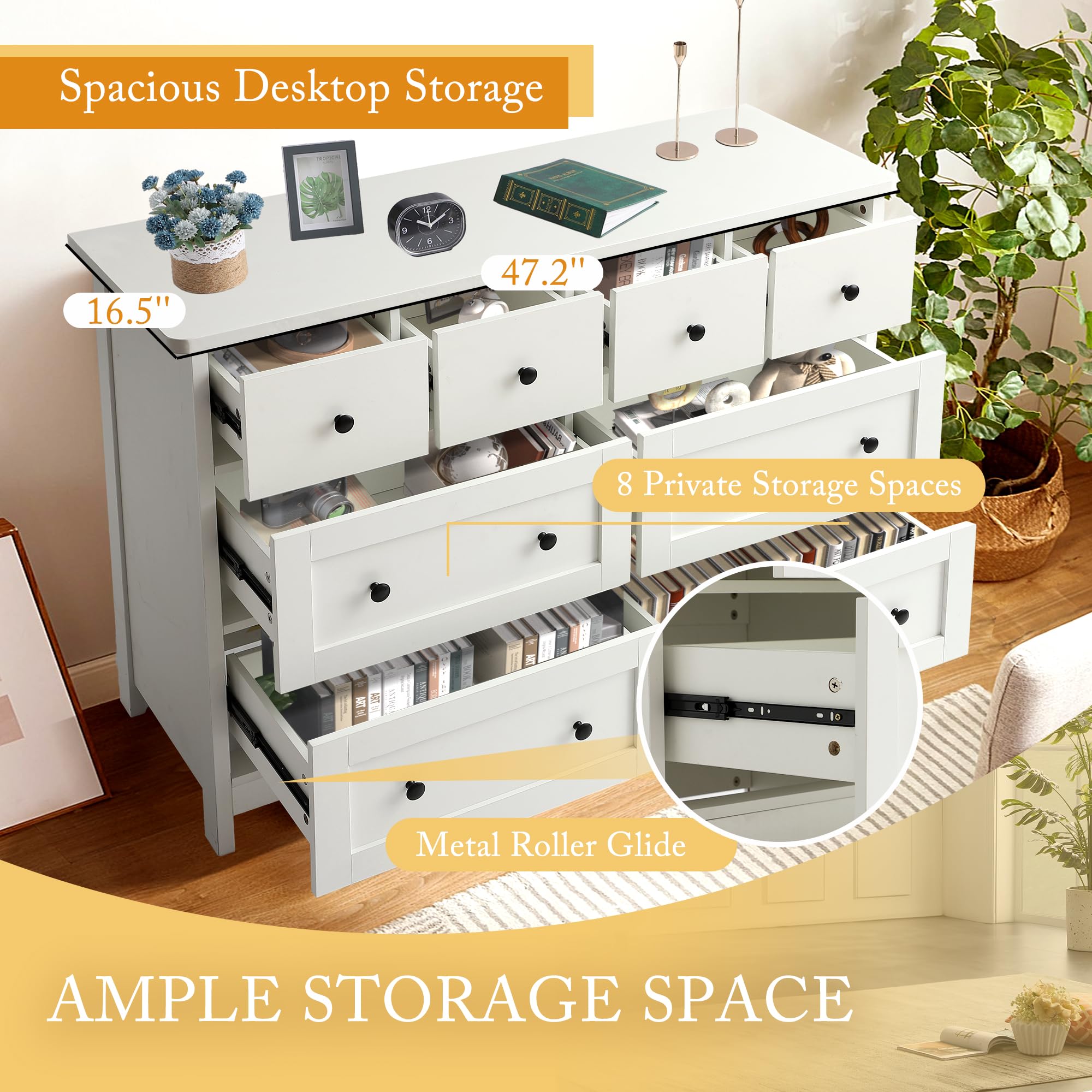 8 Drawer Wooden Dresser with Metal Knobs