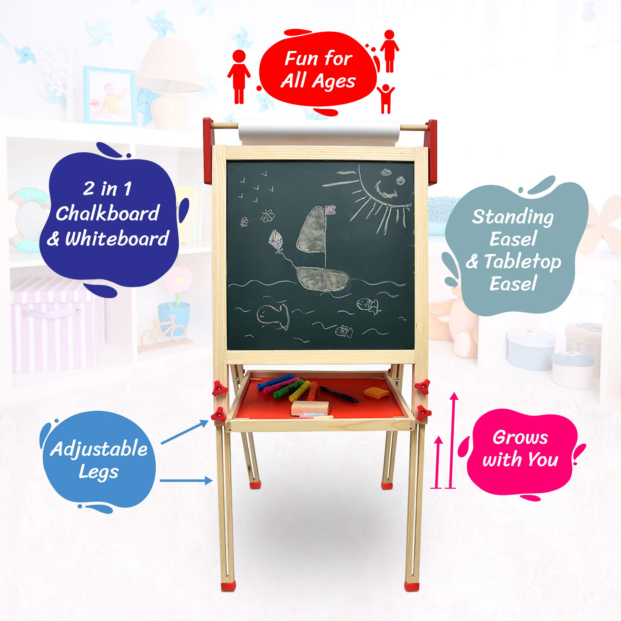 Number 1 in Gadgets Deluxe Standing Art Easel, Dry-Erase Board Chalkboard Magnetic Whiteboard Paper Roll and Accessories, Ultimate All-in-One Wooden Kid's Art Easel