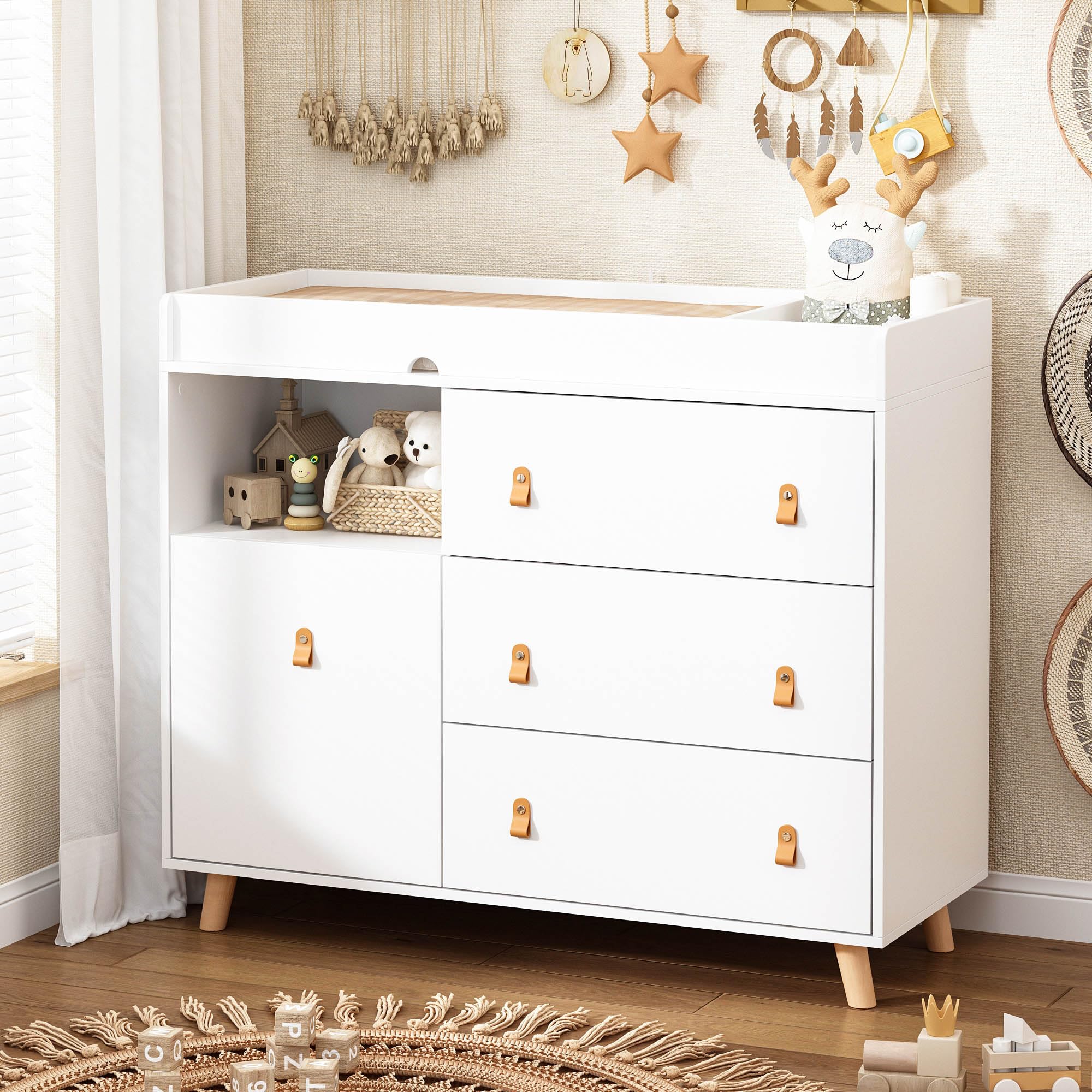 Baby Dresser Changing Table with Drawers,Shelf,Hidden Laundry