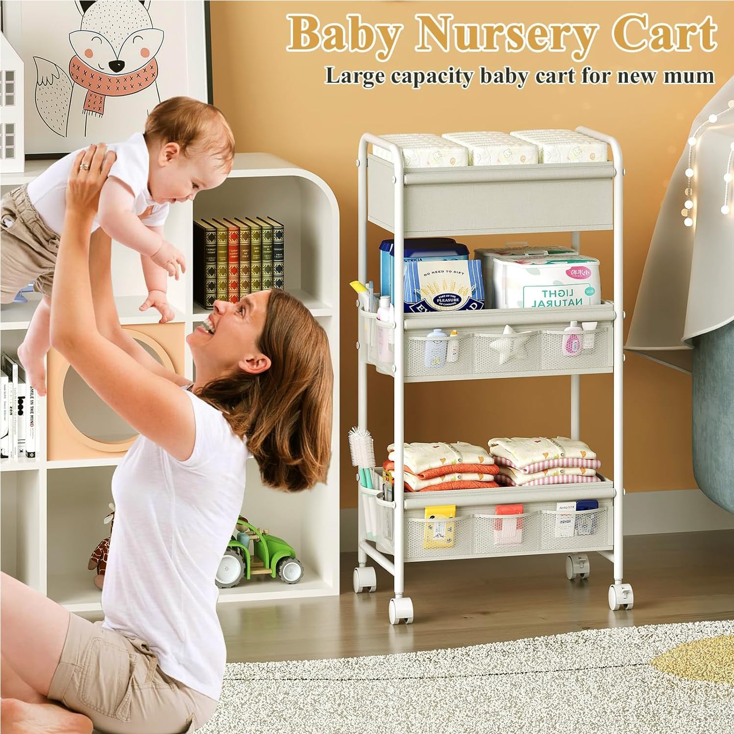 3-Tier Baby Diaper Caddy Cart Organizer with Wheels