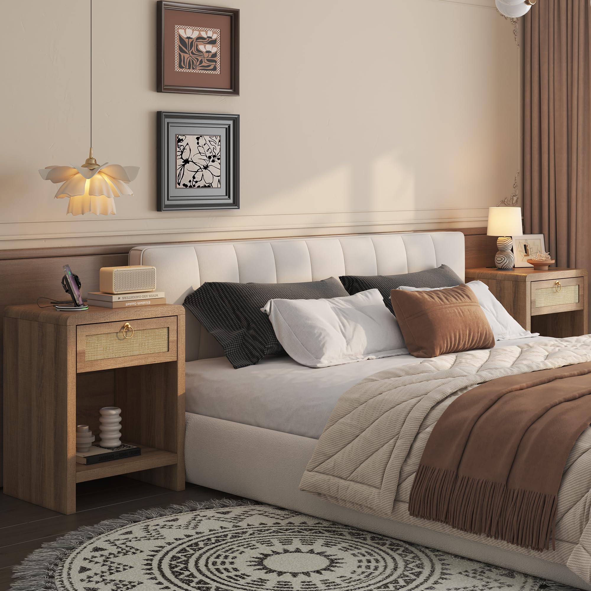 Rattan Nightstand Set with Charging Station
