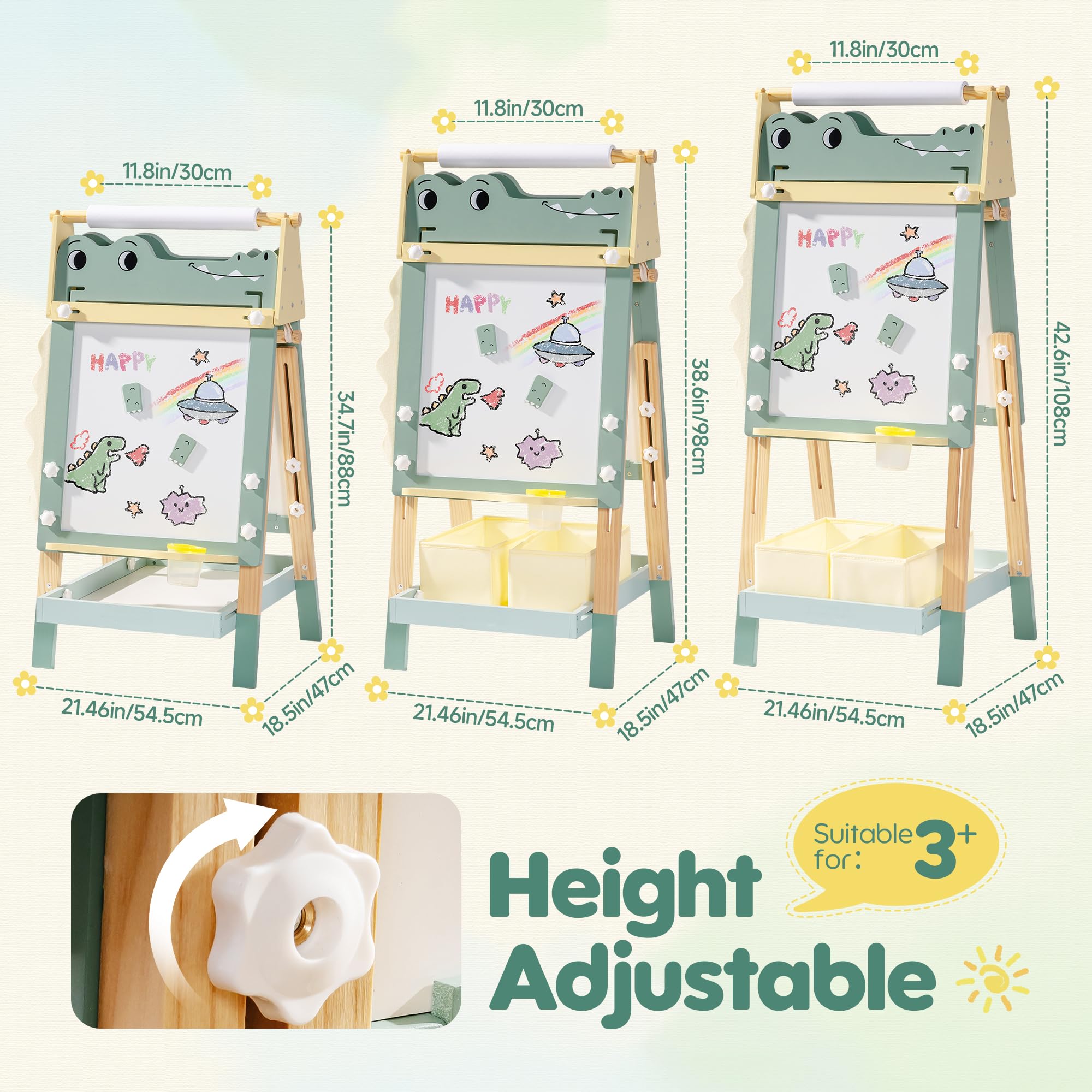 ROBOTIME Alligator Easel for Kids - 3-in-1 Adjustable Height Wooden Children Easel with Magnetic Whiteboard, Chalkboard & Paper Roll Holder, Fun Kid's Art Station for Boys & Girls Ages 3~12 Years