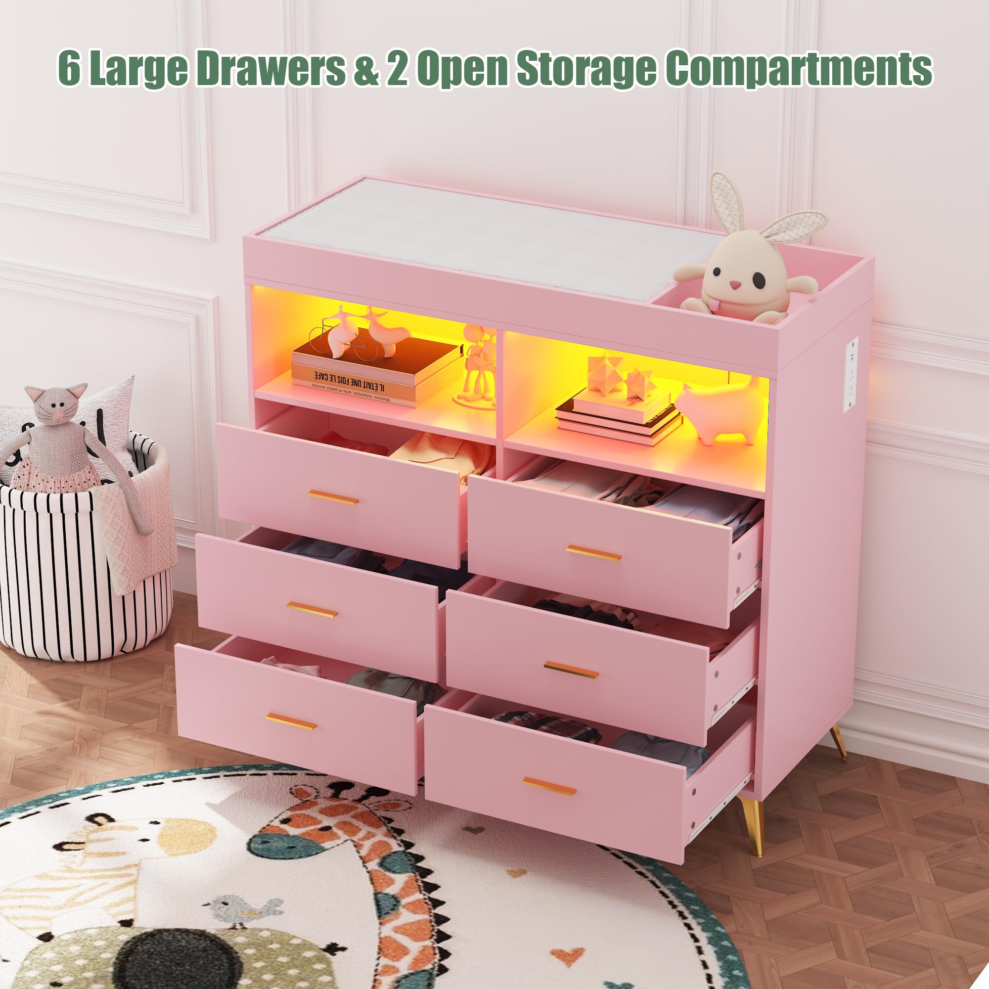 6-Drawer Baby Changing Table Dresser with LED Lights