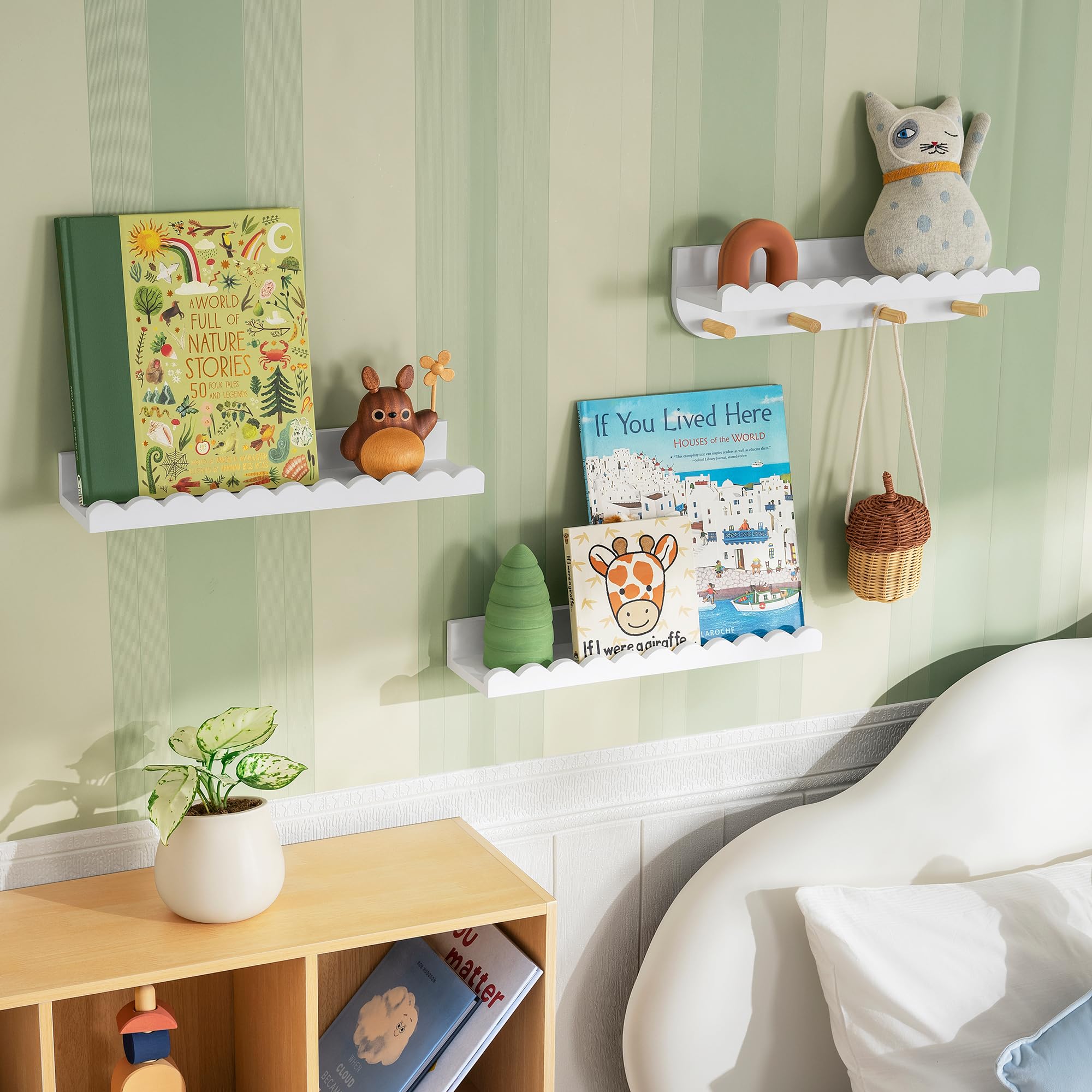 Nursery Wall Shelves Floating Bookshelf White Scalloped 3-Pack