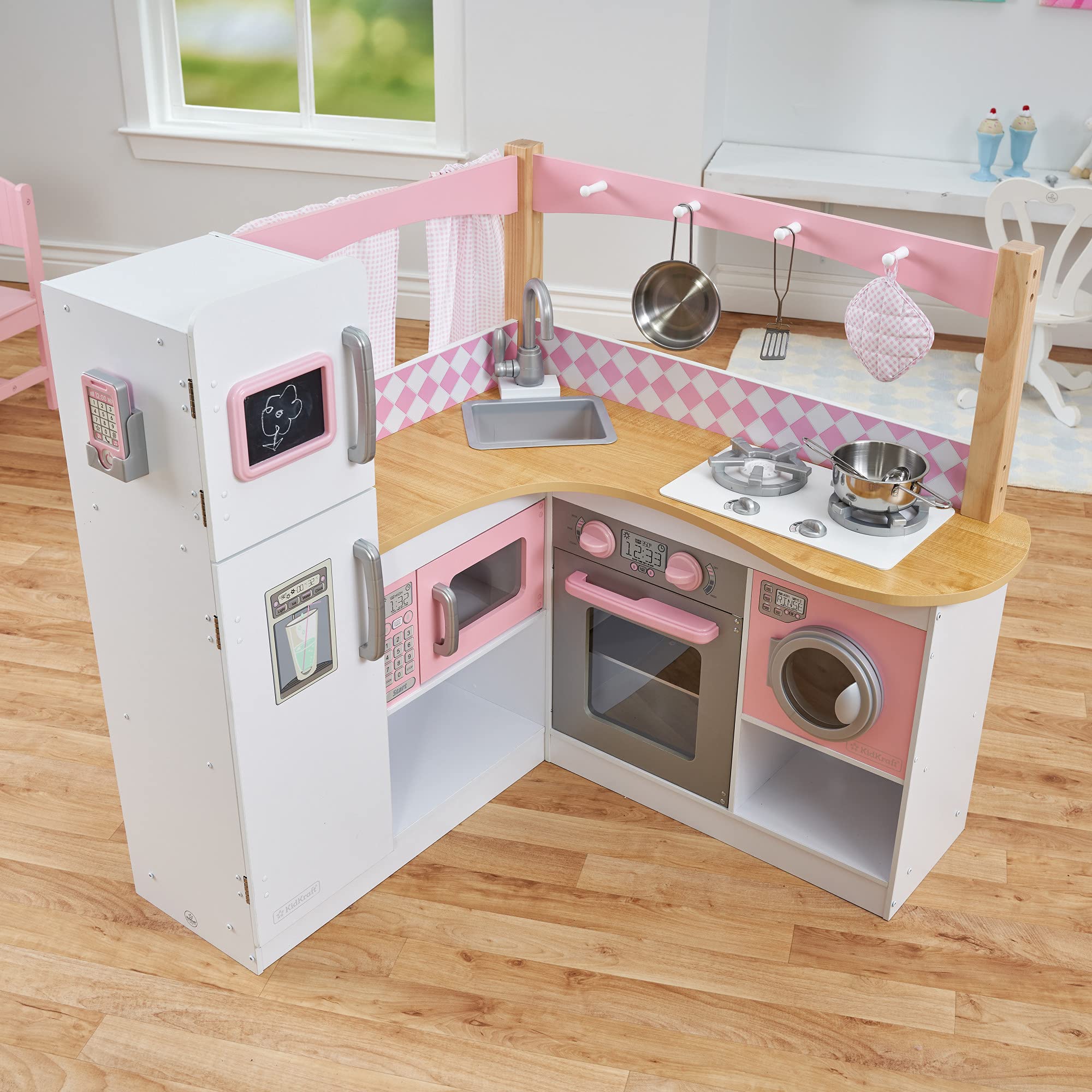 Grand Gourmet Corner Wooden Play Kitchen with Washer, Chalkboard
