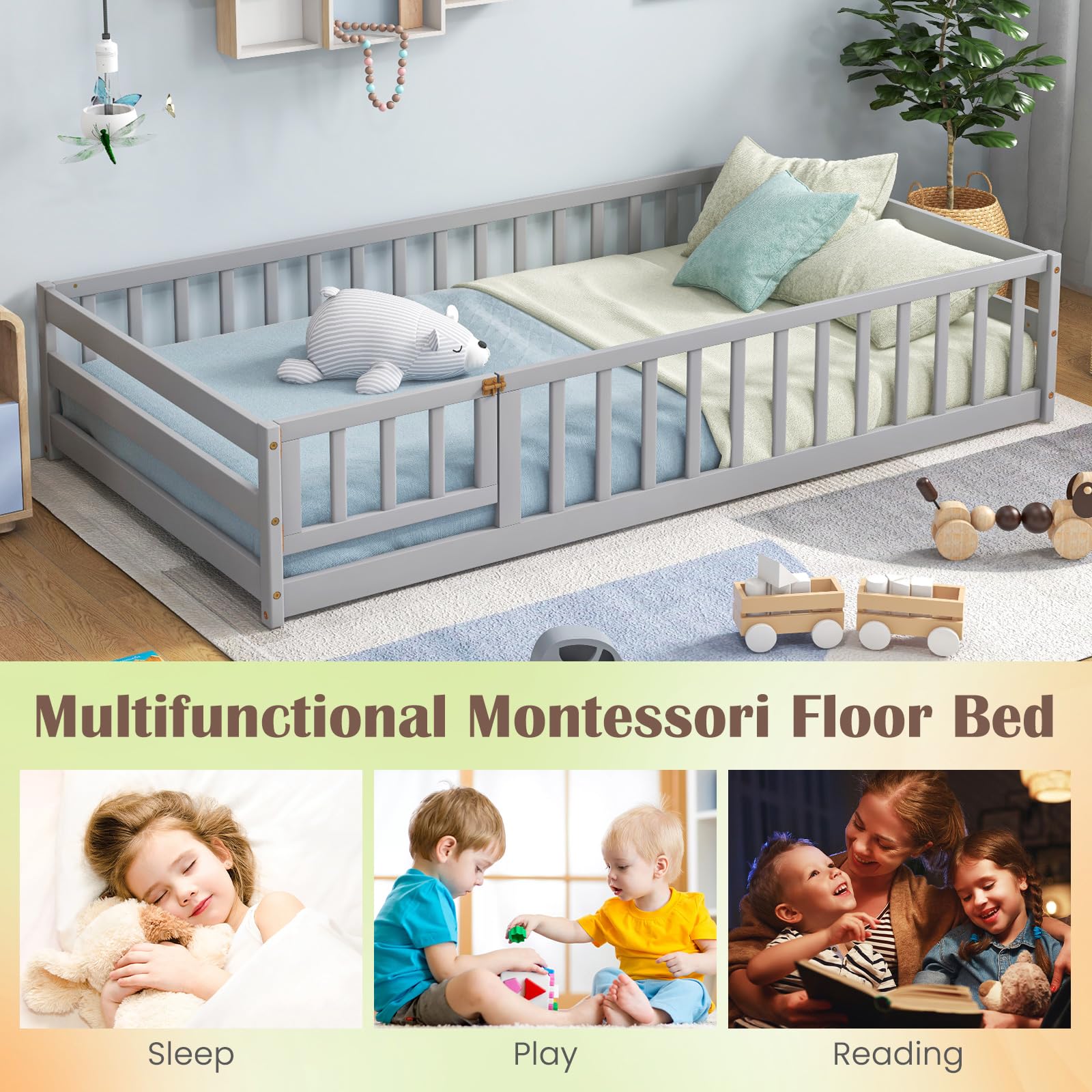 Twin Floor Bed with Door and Fence for Kids