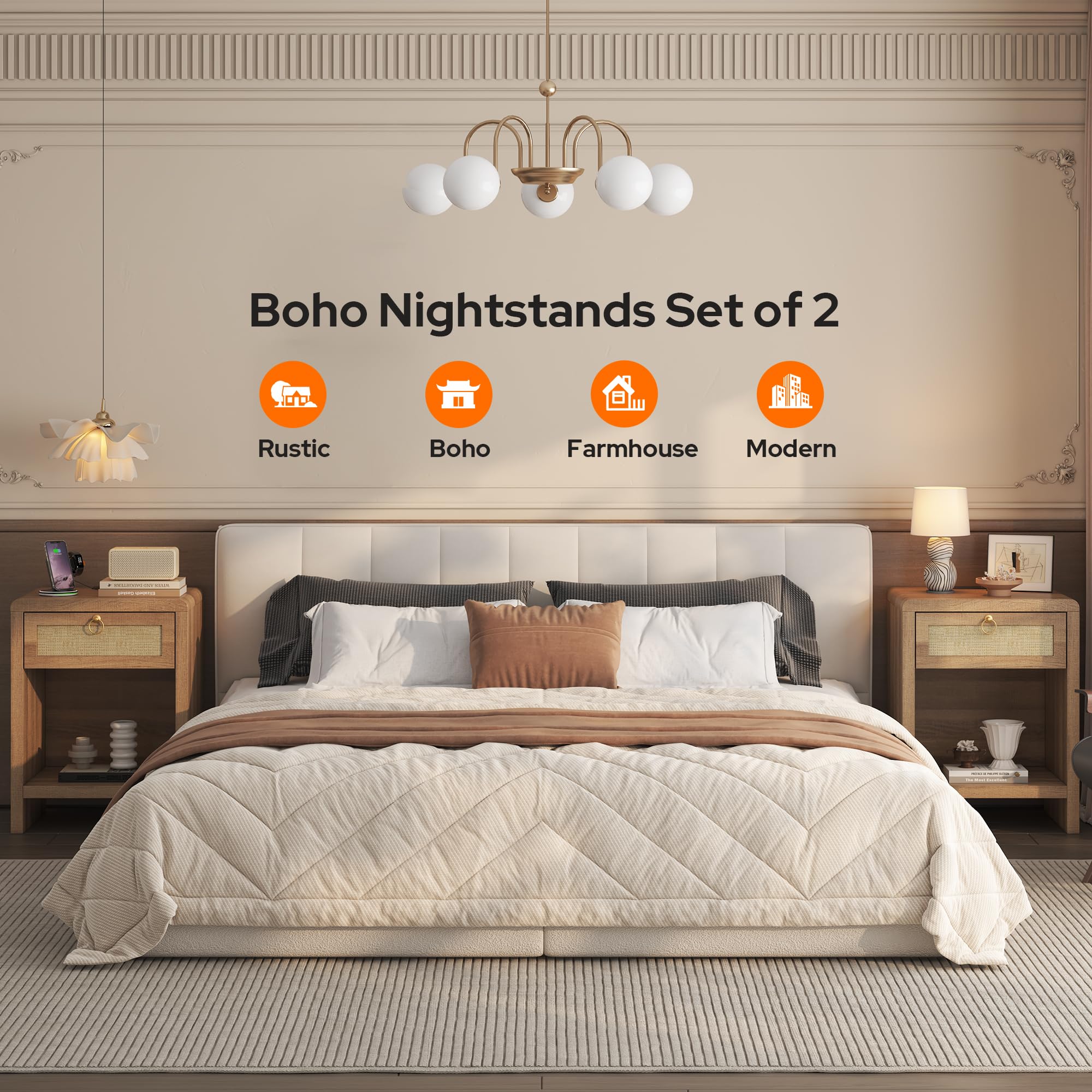 Rattan Nightstand Set with Charging Station
