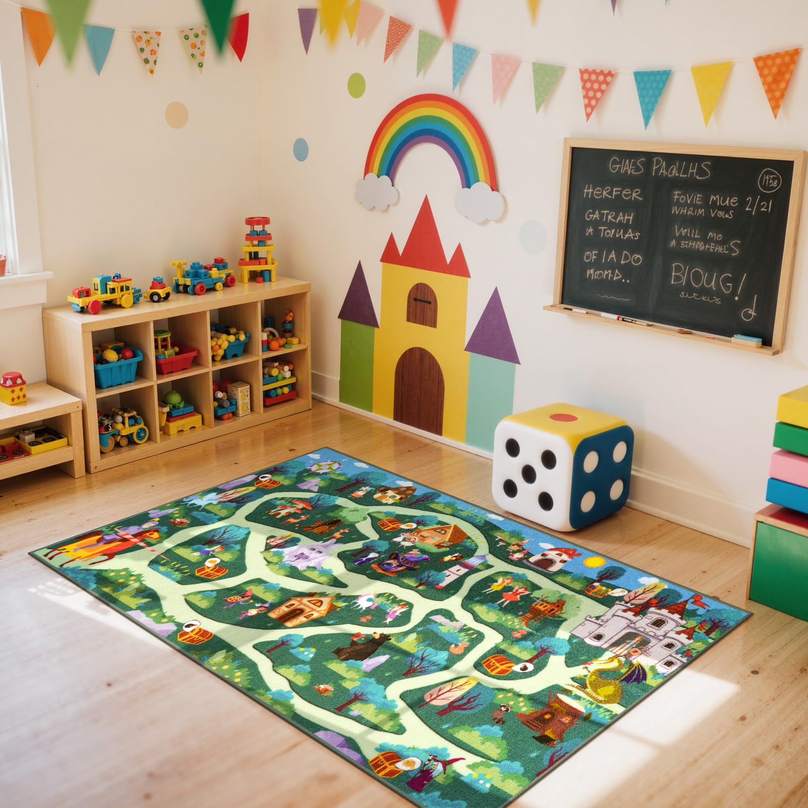 Kids Playroom Rug - Boys and Girls Fantasy Adventure Play Mat, Washable Forest Road