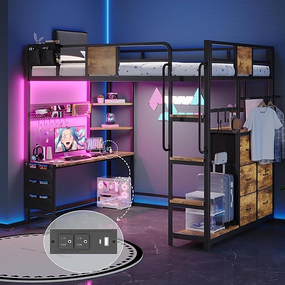 Twin Loft Bed with Desk, Twin Bed Frame with 6 Storage Drawers