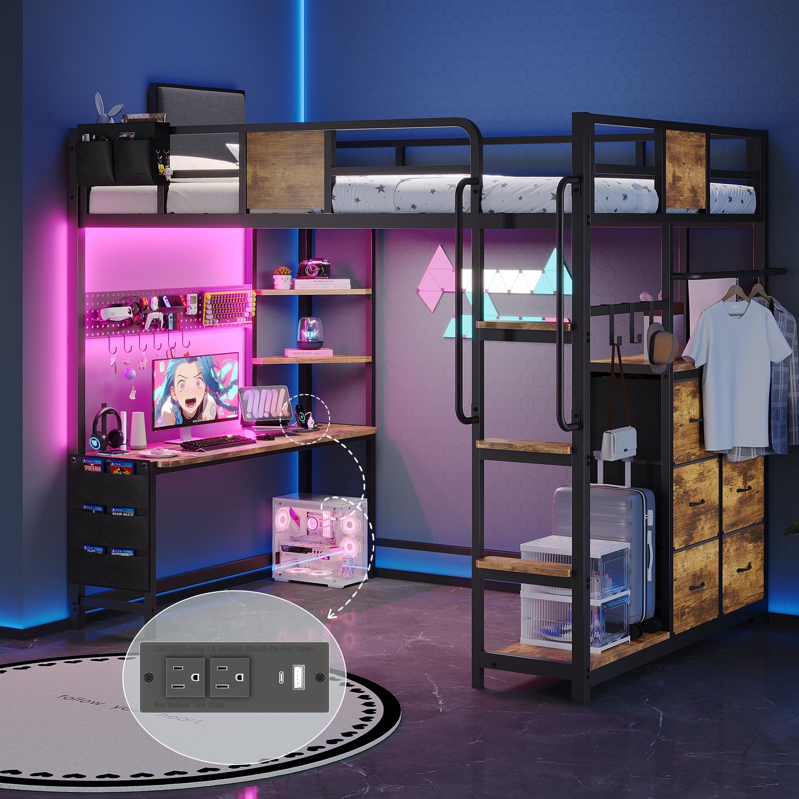 Twin Loft Bed with Desk, Twin Bed Frame with 6 Storage Drawers