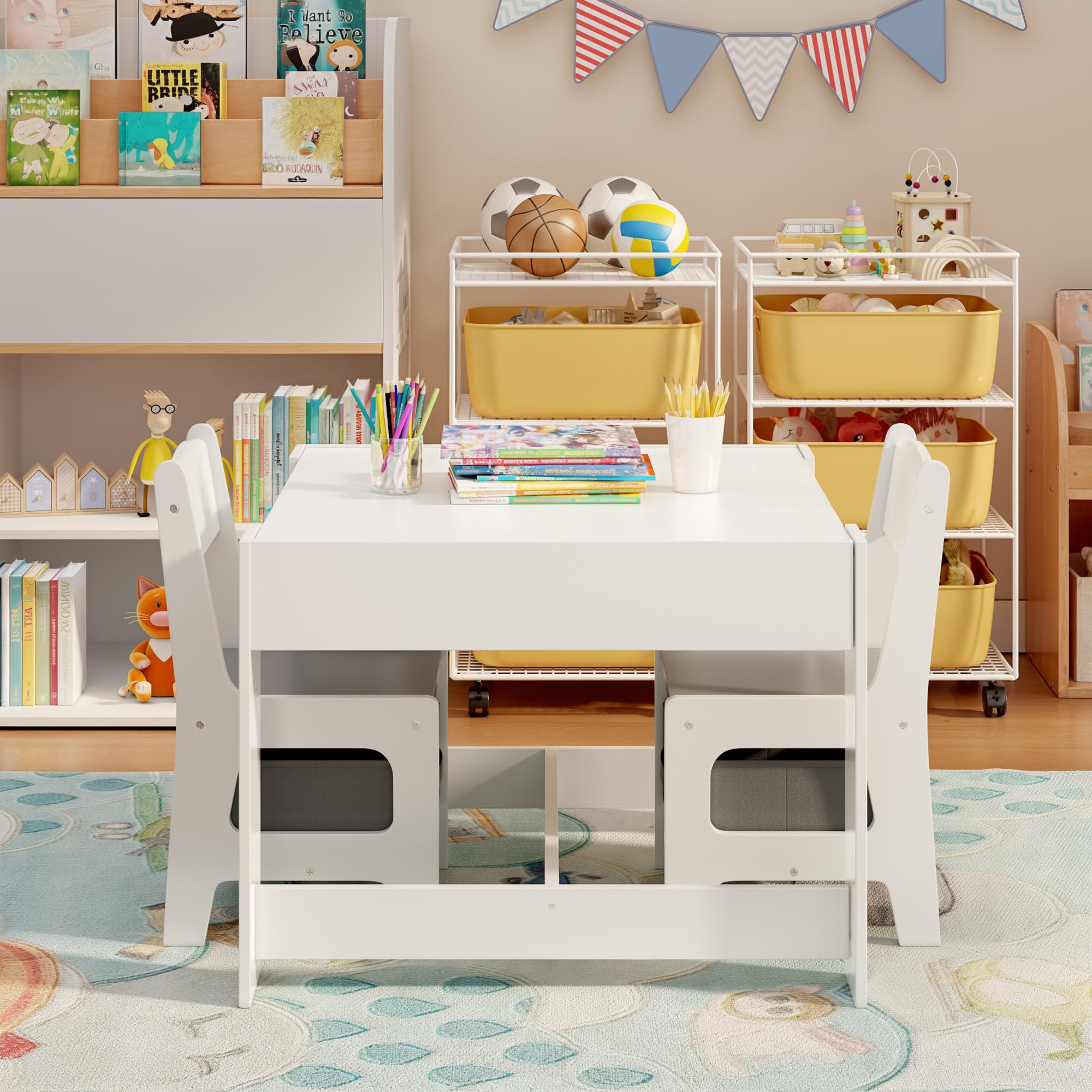 Kids Table and Chairs with Storage 3 in 1 Toddler Craft Table and Chair Set Sensory