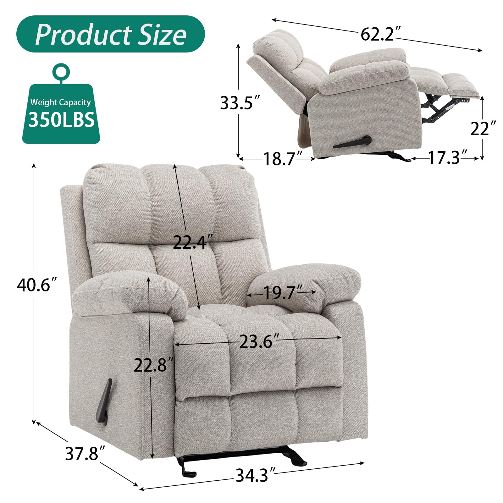 Rocker Recliner Chair for Adults with Manual Footrest