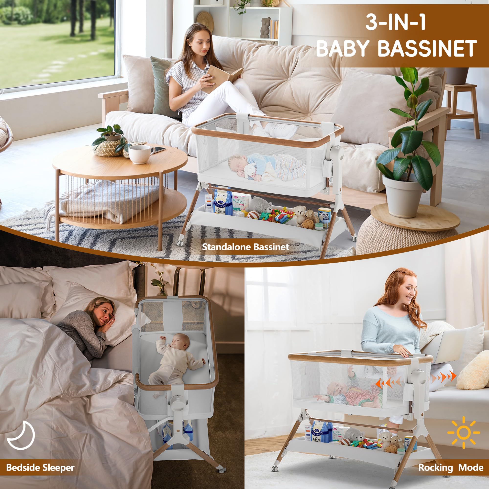 Rocking Bassinet Bedside Sleeper with Adjustable Height