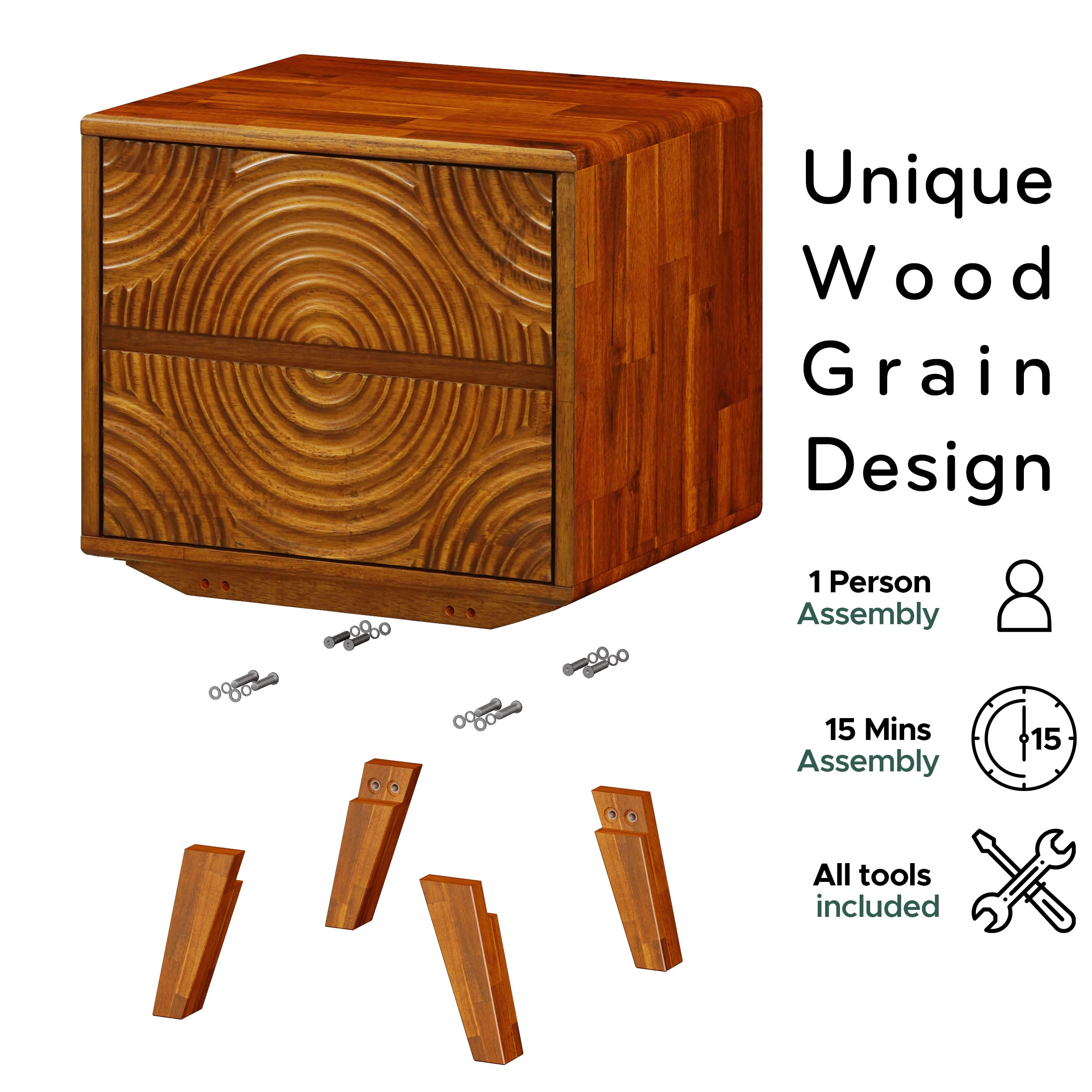 Solid Wood 2-Drawer Nightstand with Carved Front