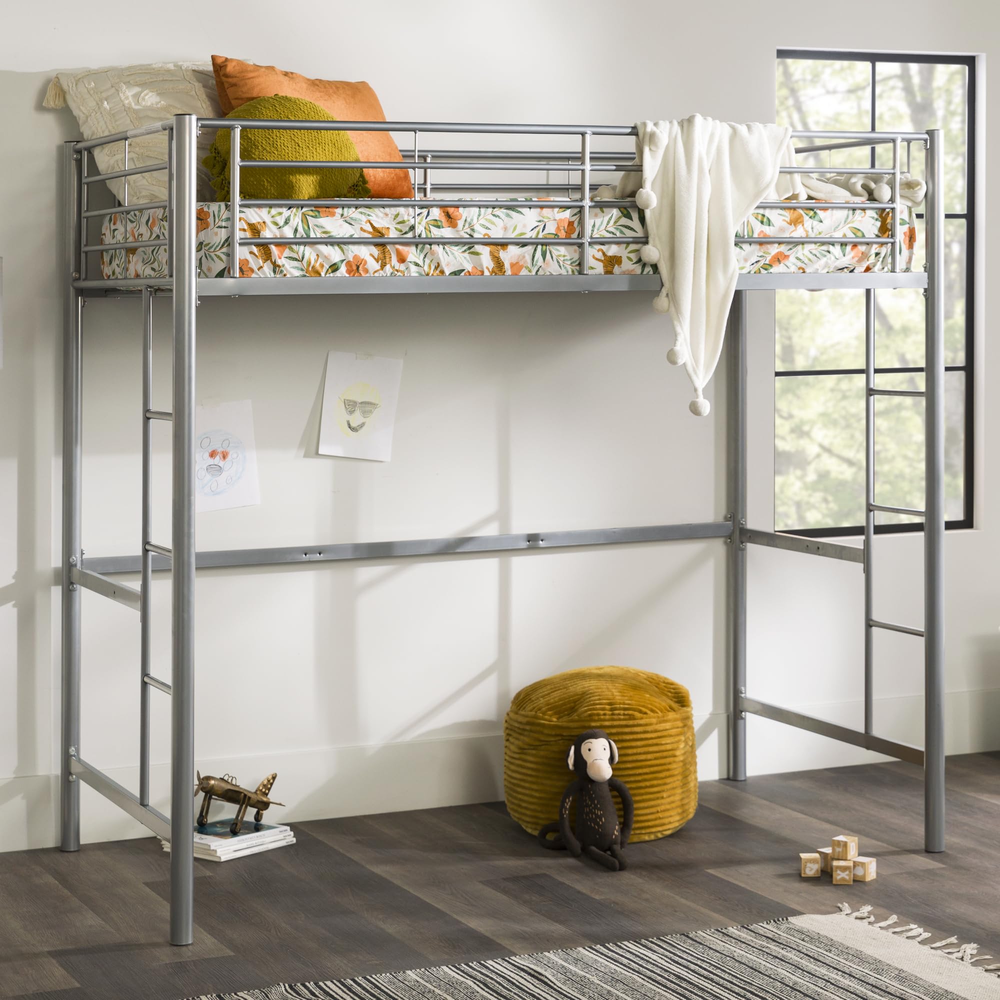 Edison Silver Metal Twin over Loft Bunk Bed Twin Size Bedframe with Ladder