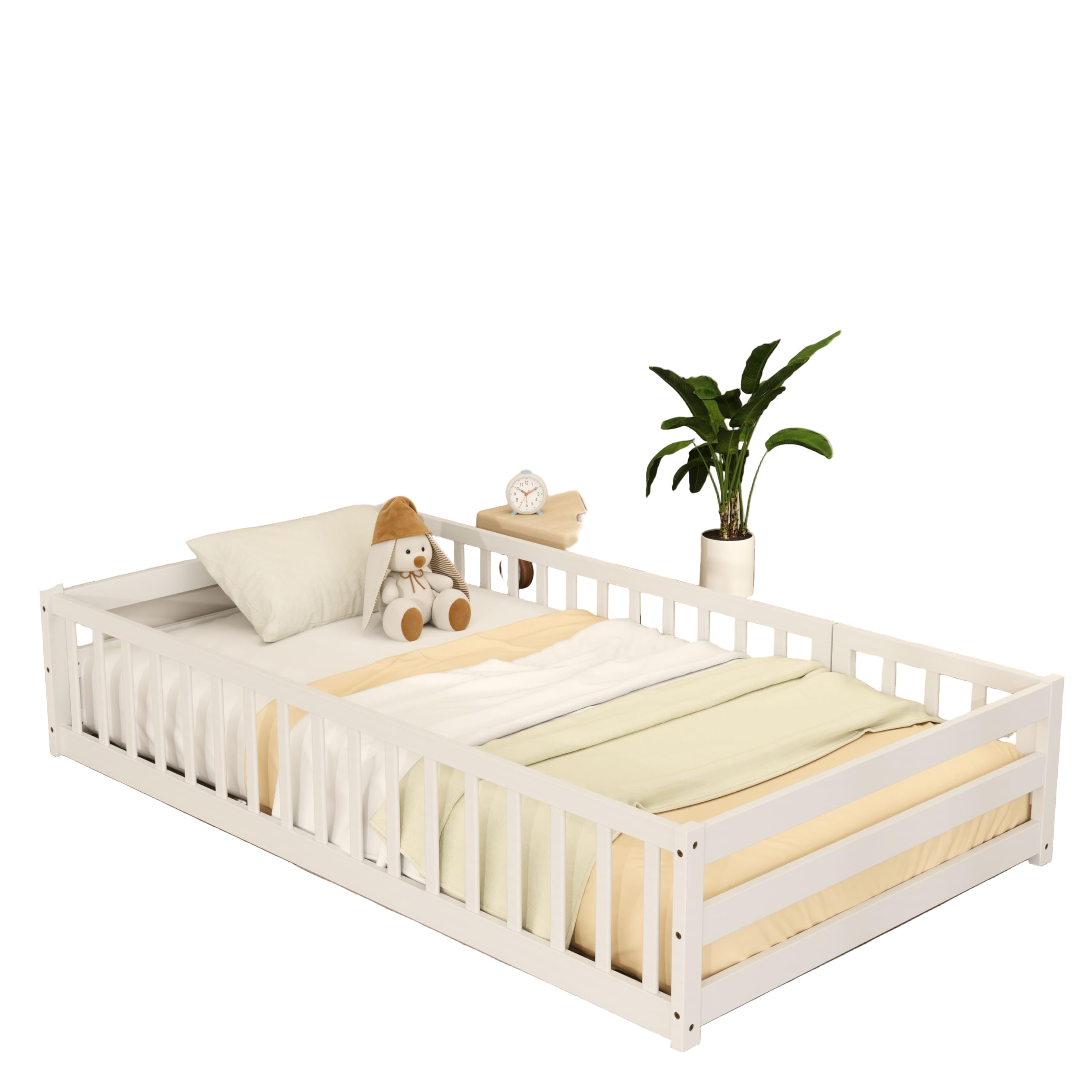 Twin Floor Bed, Montessori House Bed with Full-Length Guardrail