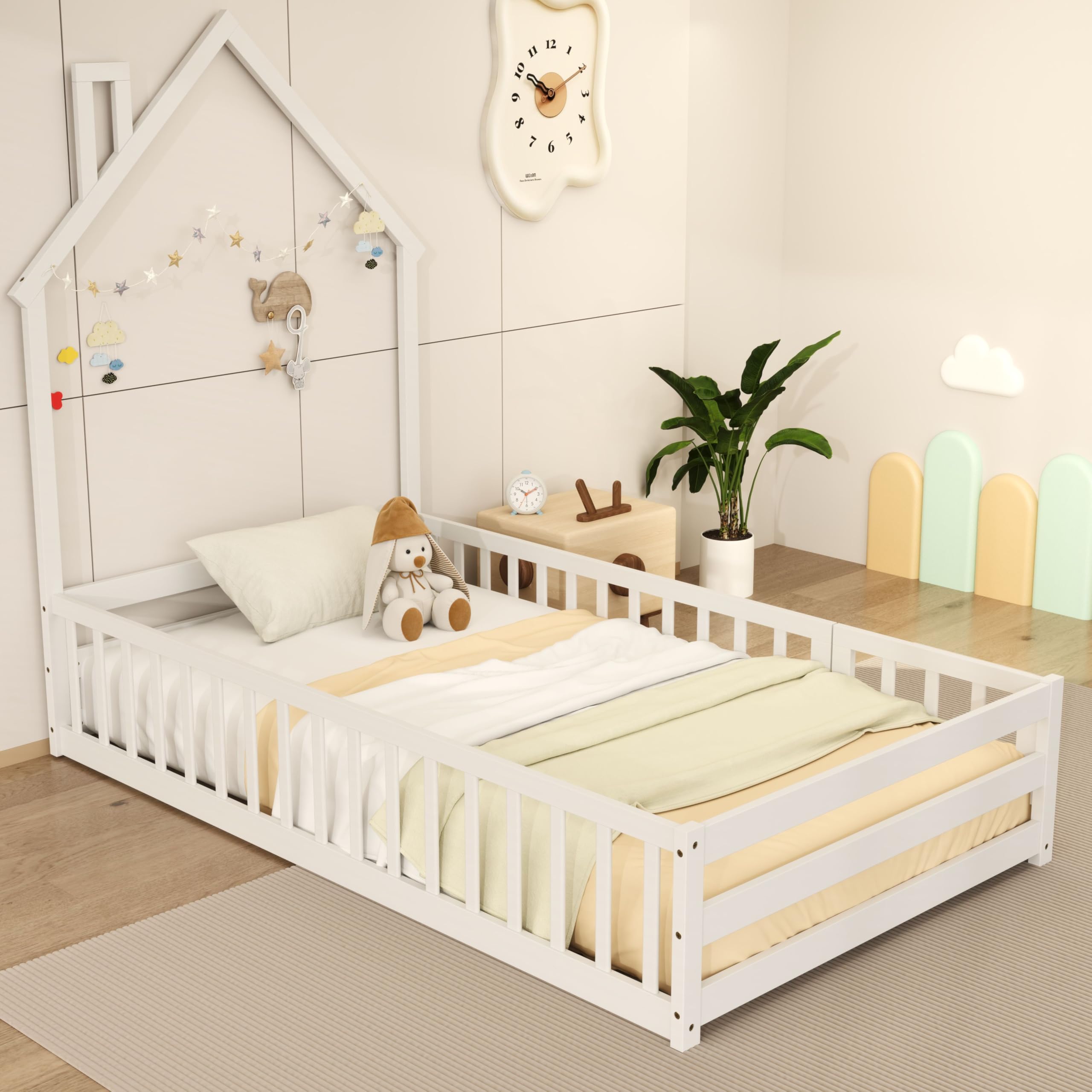 Twin Floor Bed with House-Shaped Headboard and Safety Guardrail