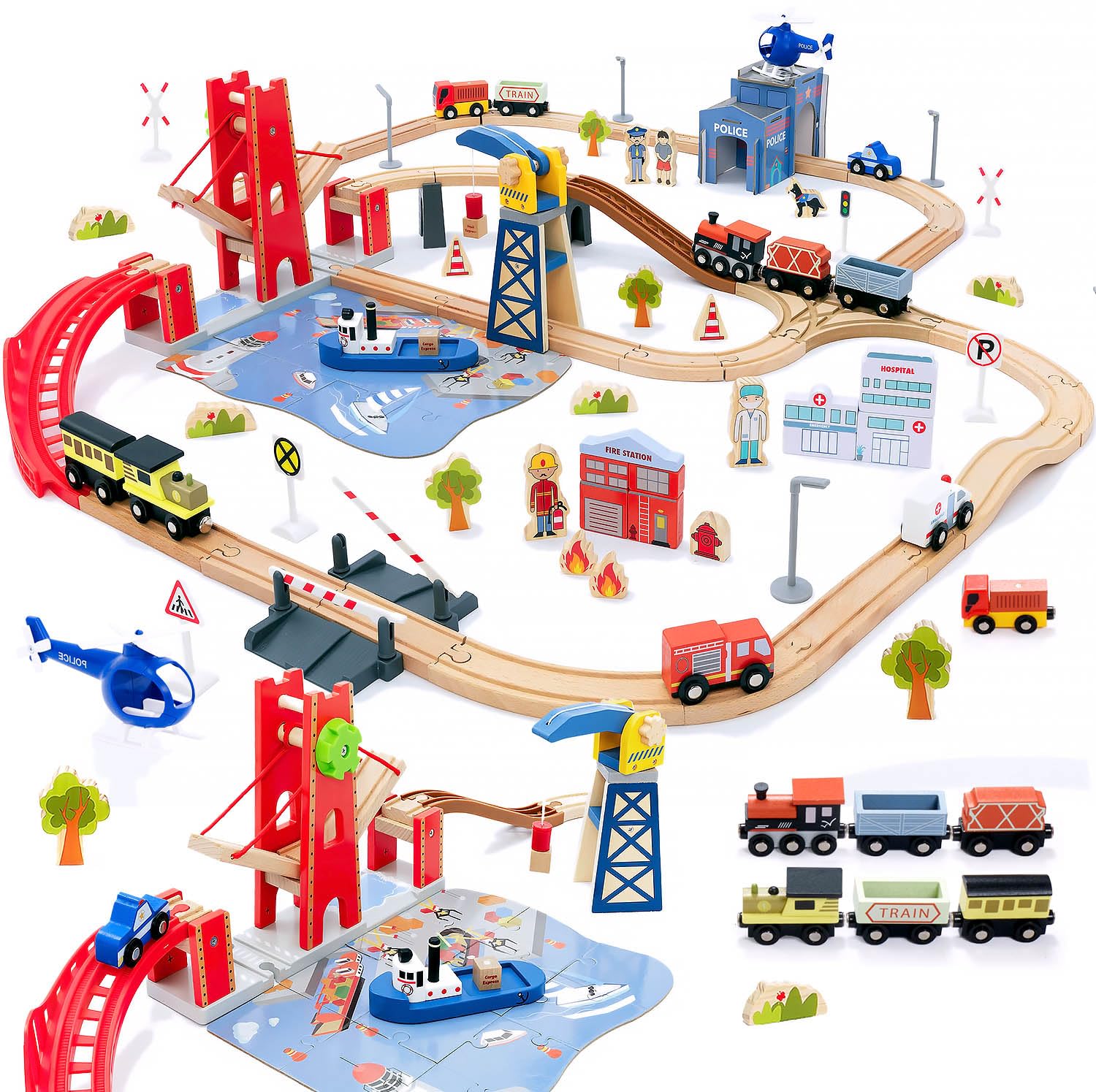 117 Pcs Busy Port City Train Set for Kids- Expandable & Changeable Wooden Train Track Set
