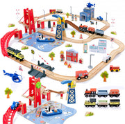 117 Pcs Busy Port City Train Set for Kids- Expandable & Changeable Wooden Train Track Set