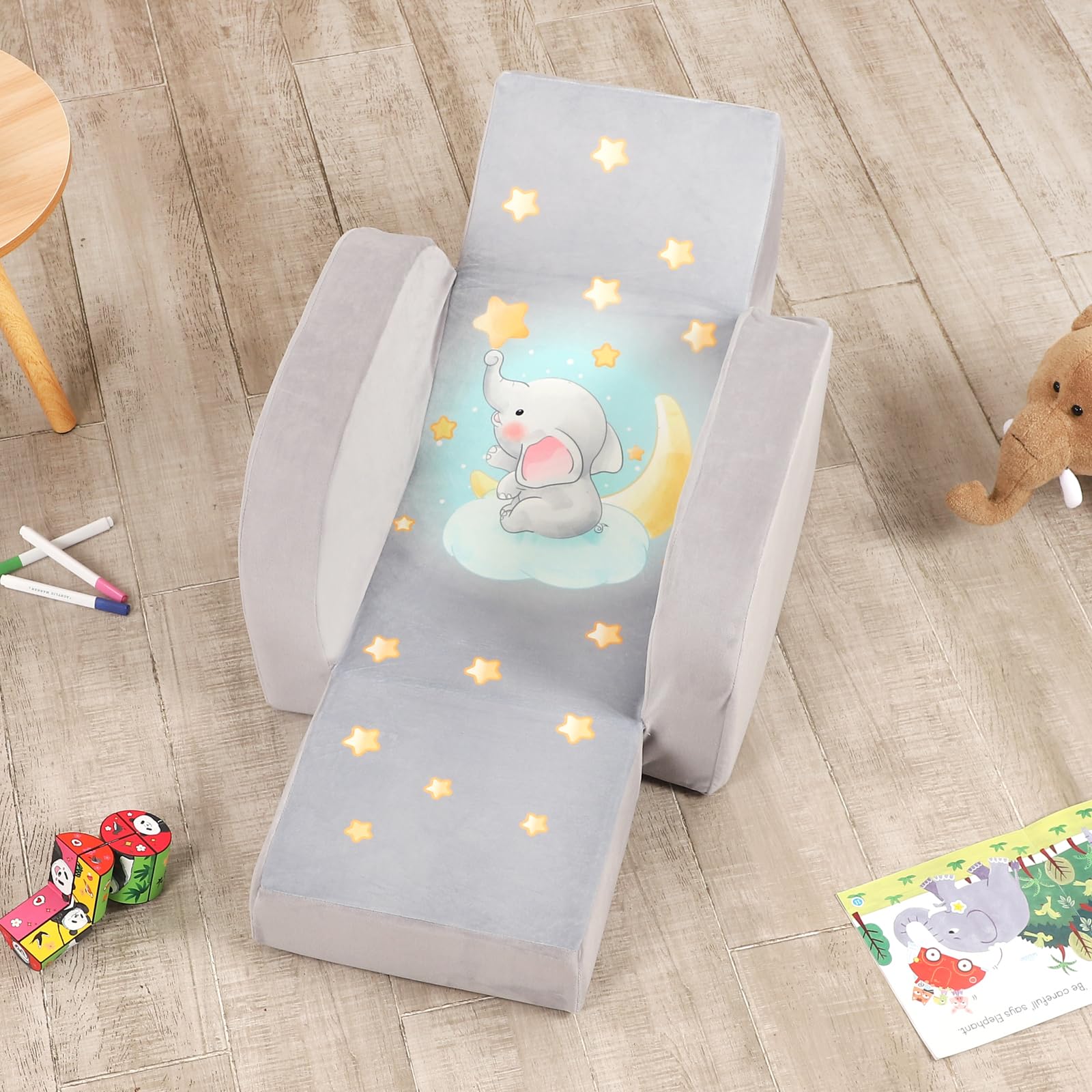 Elephant Printed Kids Sofa, 3-in-1 Convertible Flip Open Toddler Couch, Comfy Lounger