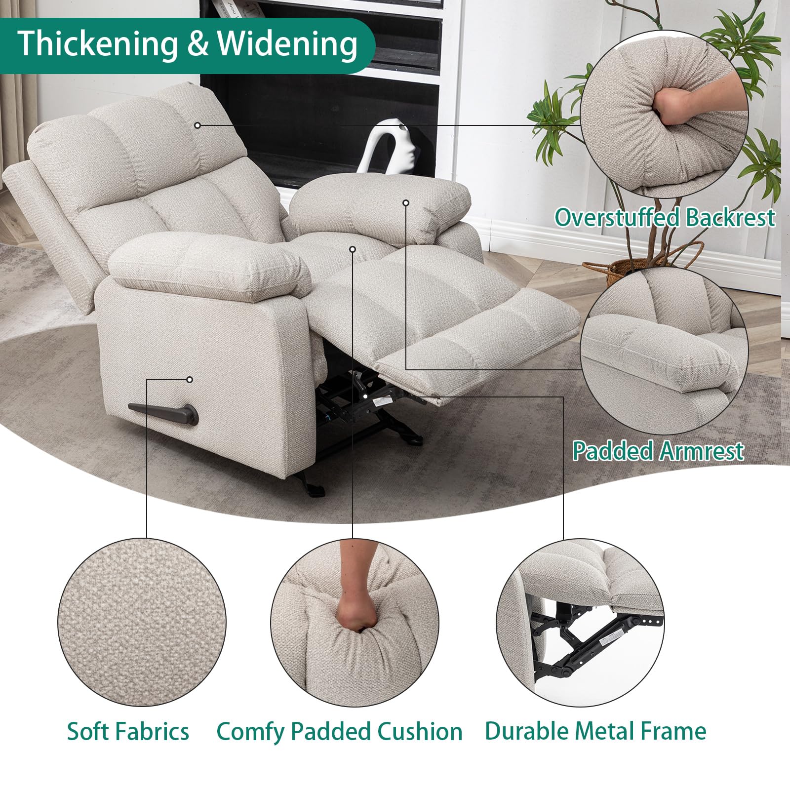 EcoSummer Upholstered Nursery Rocking Chair，Indoor Comfortable Glider Chair，Pocket High Back Teddy Boucle Rocker Chair with Side， for Baby Nursery,Living Room,Bedroom，Office
