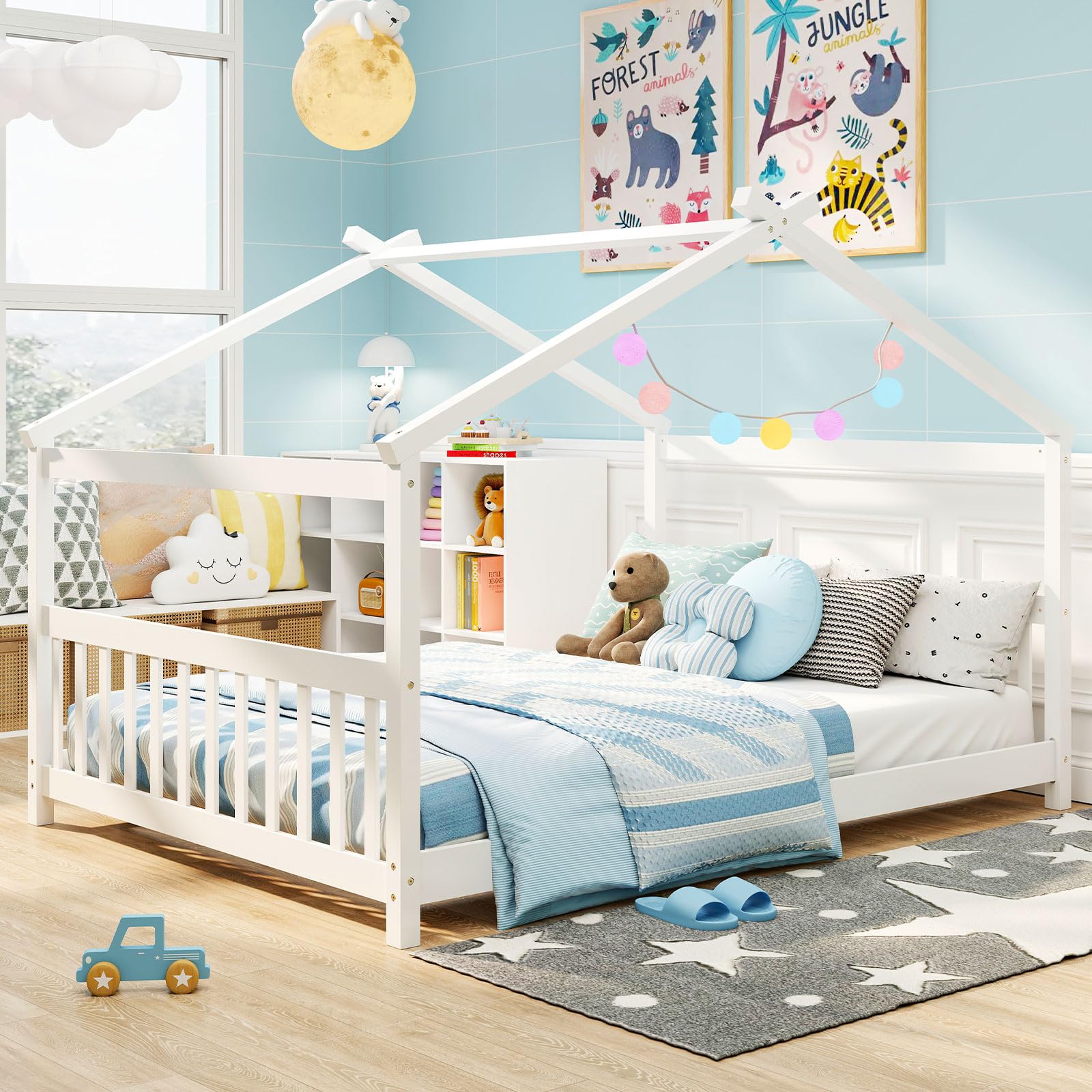 Full Size Floor Bed, Solid Wood Montessori House Bed with Roof