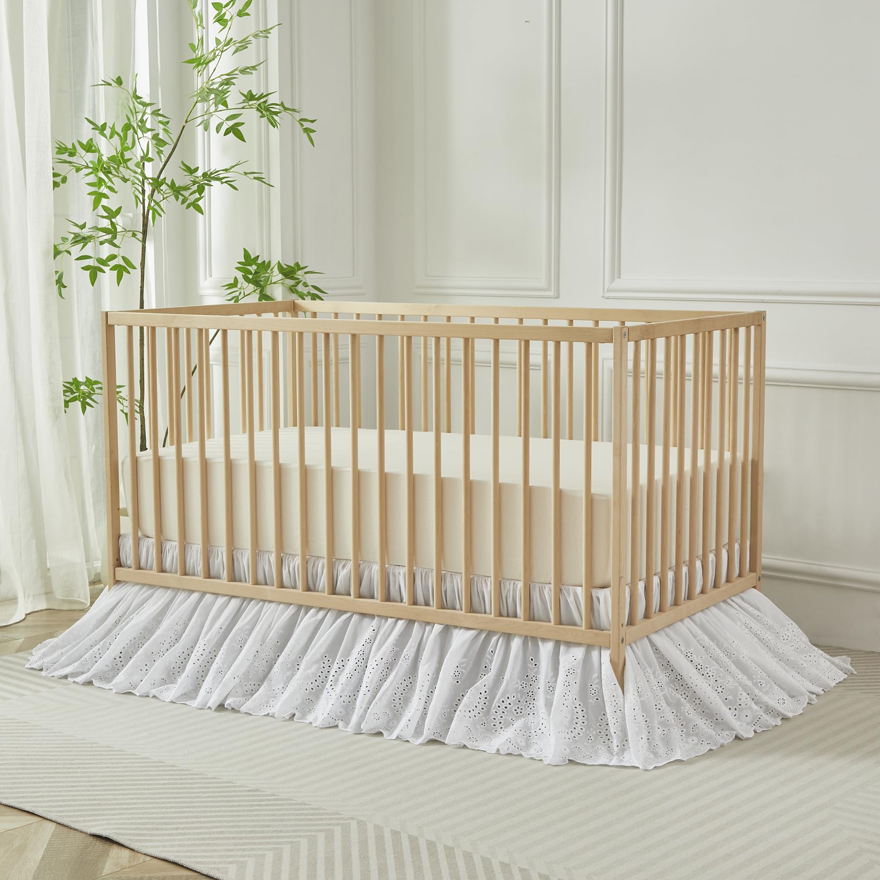 Cotton Lace Crib Bed Skirt with Scalloped Eyelet Ruffles