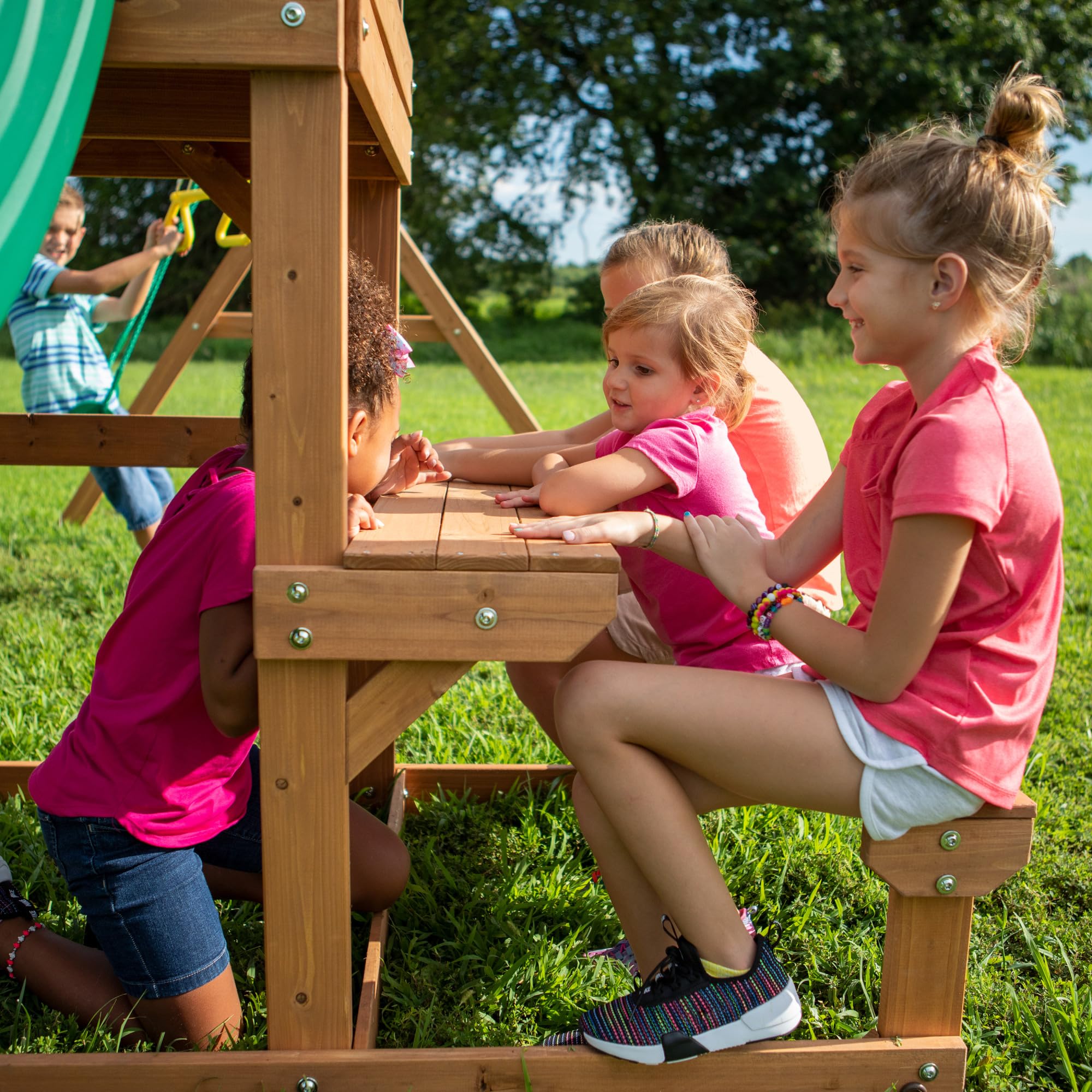 Cedar Wood Swing Set with Wave Slide and Rock Wall
