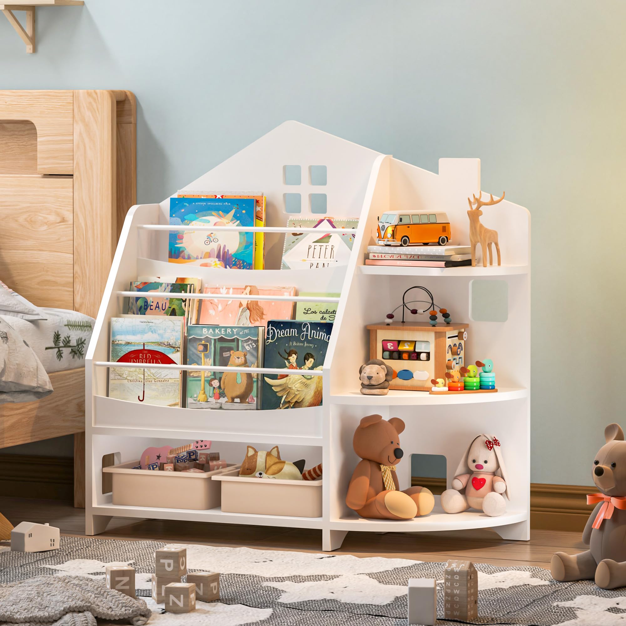 3 Tier Kids Bookshelf Bookcase, House Shape Book Shelf for Kids Rooms Nursery